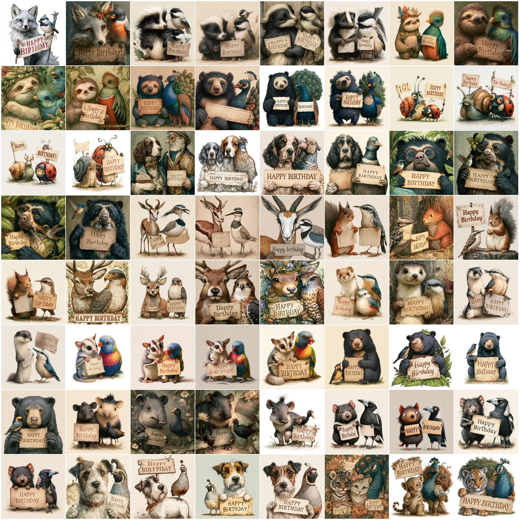 625 Birthday Animals Clipart Bundle | Fairy Tale Animal Birthday Card PNG JPG Set