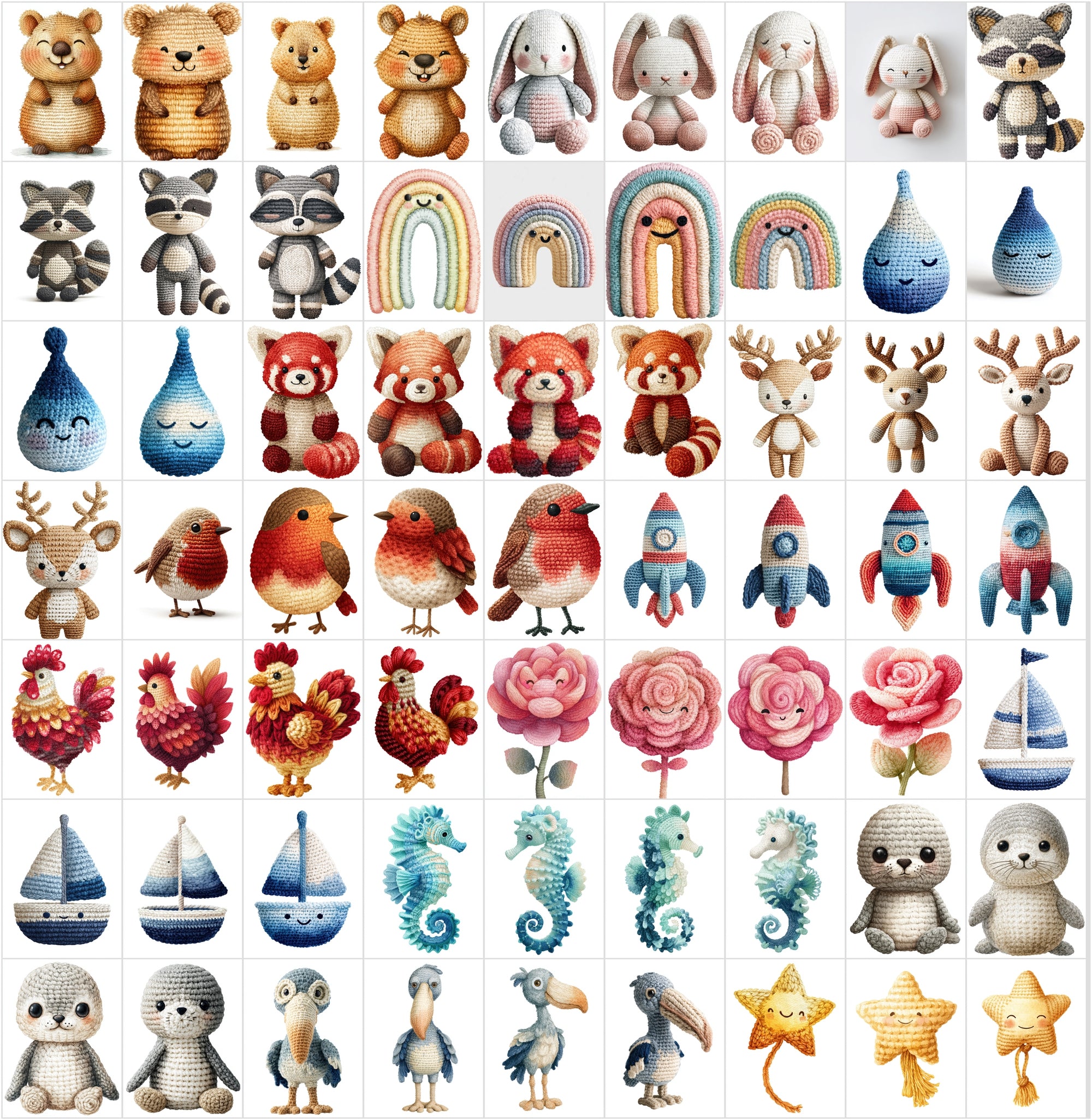 620 Crochet Animal Watercolor Clipart Bundle, Cute Nursery JPG Collection, Woodland Farm Ocean Fantasy Baby Shower Art