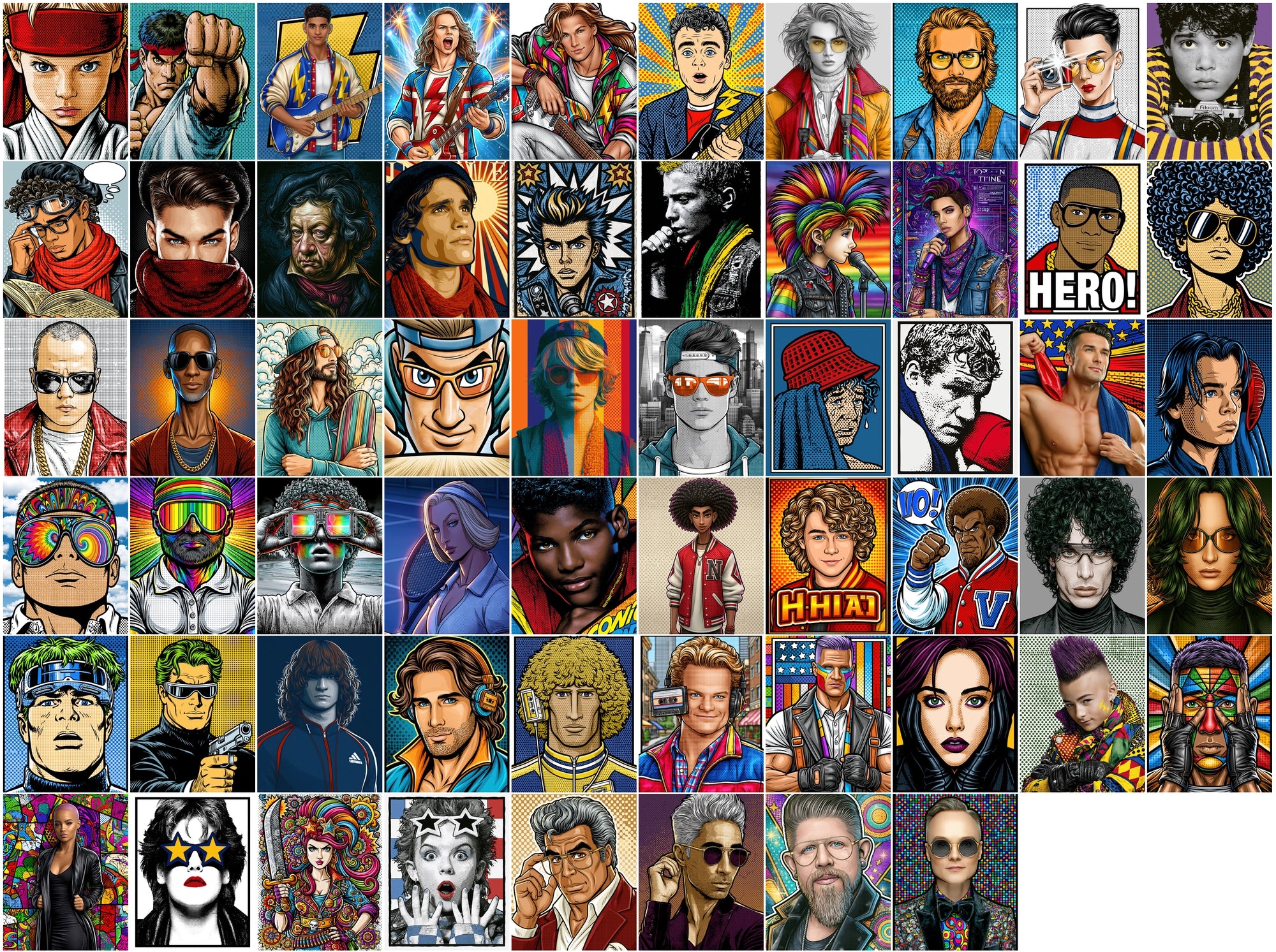 615 Pop Art Portrait Images, Commercial Use JPG Bundle, Retro Synthwave Comic Illustrations for Prints & Digital Design