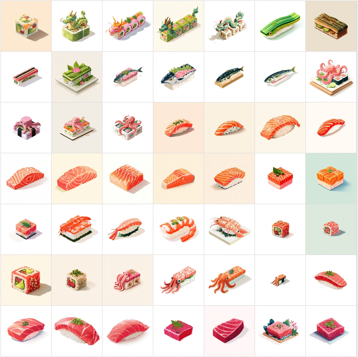 400 Flat Isometric Seafood & Sushi Illustrations