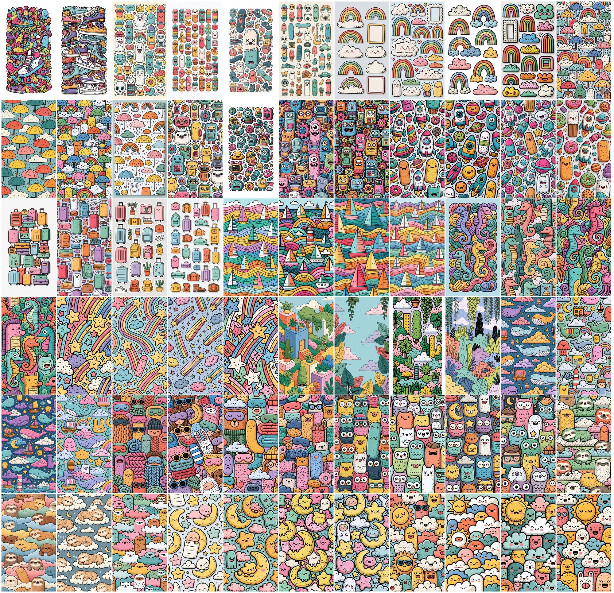 640 Doodle Art Clipart Bundle | Colorful Rainbow Dreamland Doodles, Kawaii Cloud & Candy Illustrations