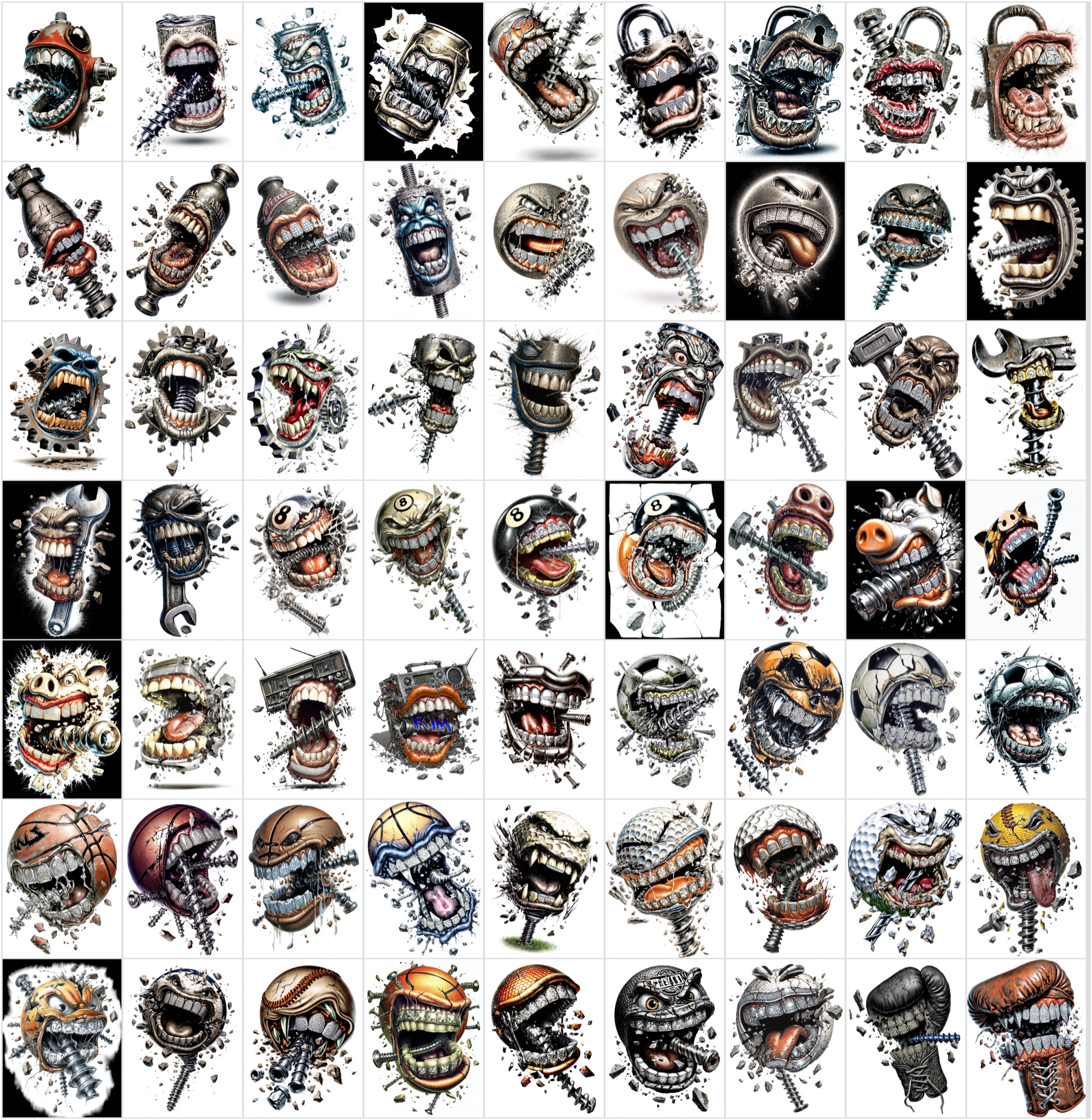 630 Airbrush T-Shirt Designs Bundle – 90s Style Graphic Pack, High Resolution JPG, Streetwear Art
