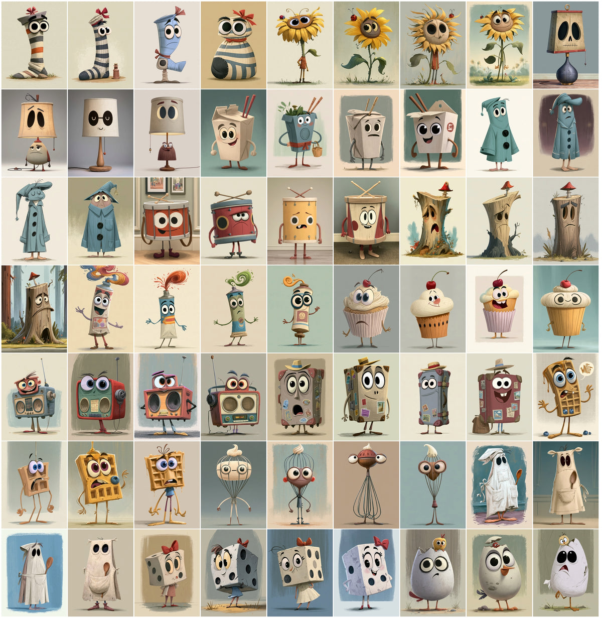 640 Cute Mascot Character Images – Whimsical Object Mascots with Big Eyes, High-Res JPG, Commercial License