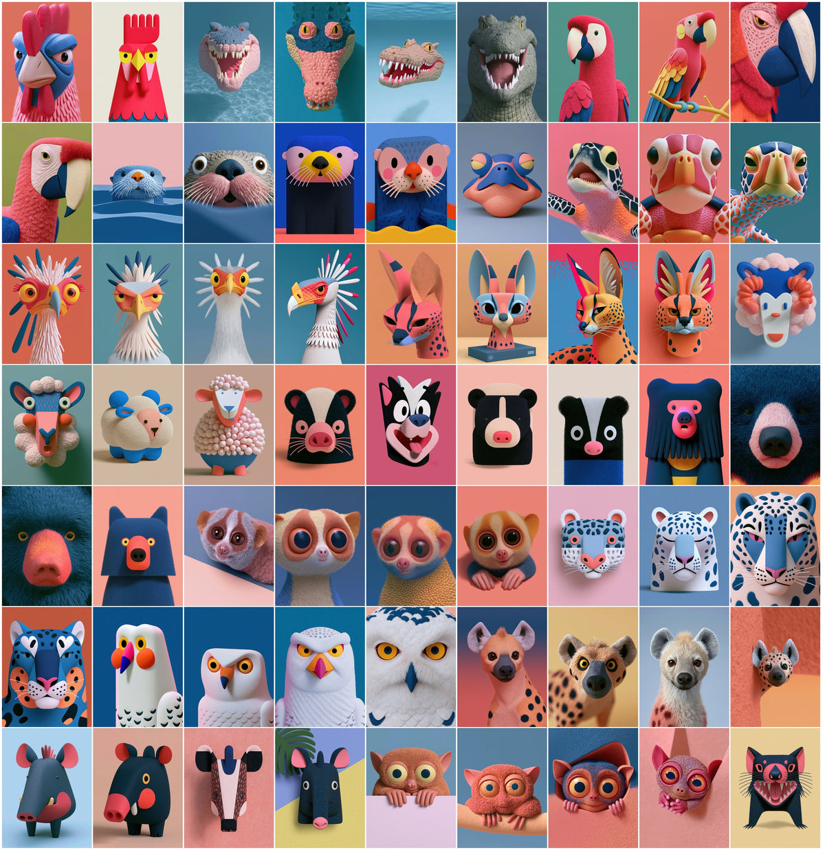 630 3D Animal Portrait Bundle | Stylized Clay & Paper-Craft Animal Head Art, Bold Color Backgrounds, Commercial Use