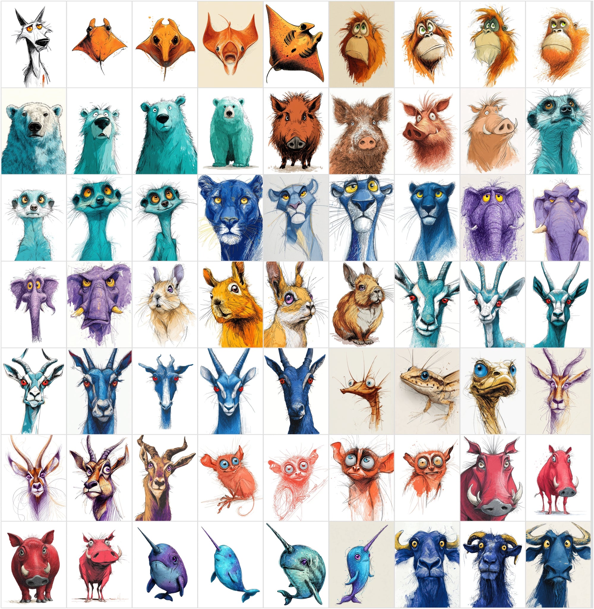 600 Quirky Animal Portrait Clipart Bundle | Expressive Cartoon Characters