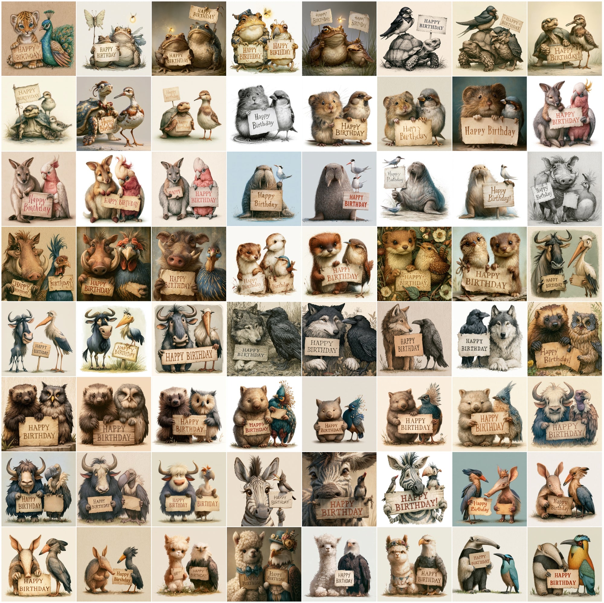 625 Birthday Animals Clipart Bundle | Fairy Tale Animal Birthday Card PNG JPG Set