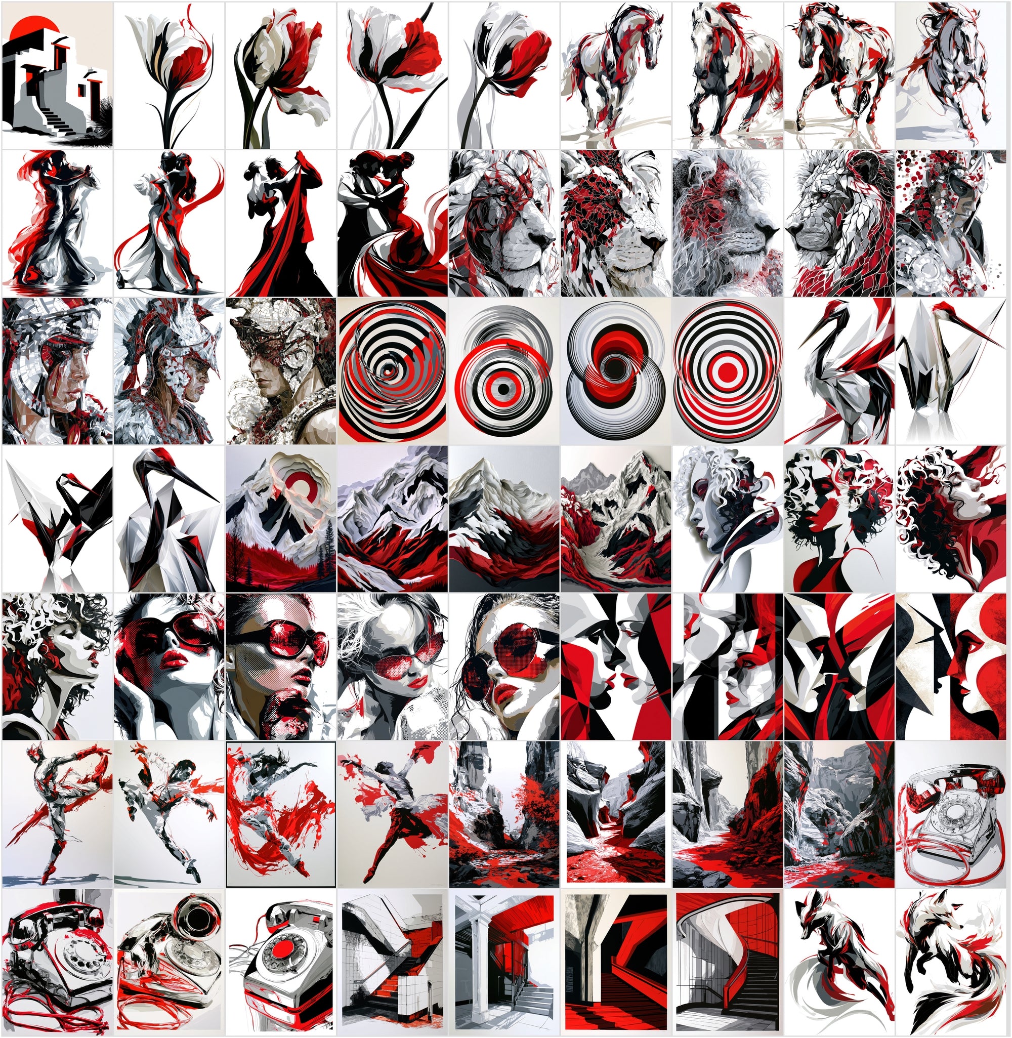 625 Abstract Art Prints Bundle | Red Black White Geometric Posters | Bauhaus Cubist Wall Art
