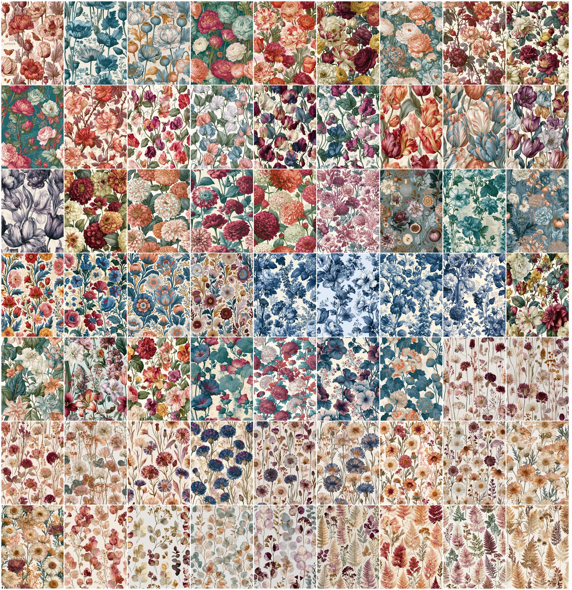 630 Vintage Floral Patterns Bundle | High-Res Botanical Digital Paper Pack
