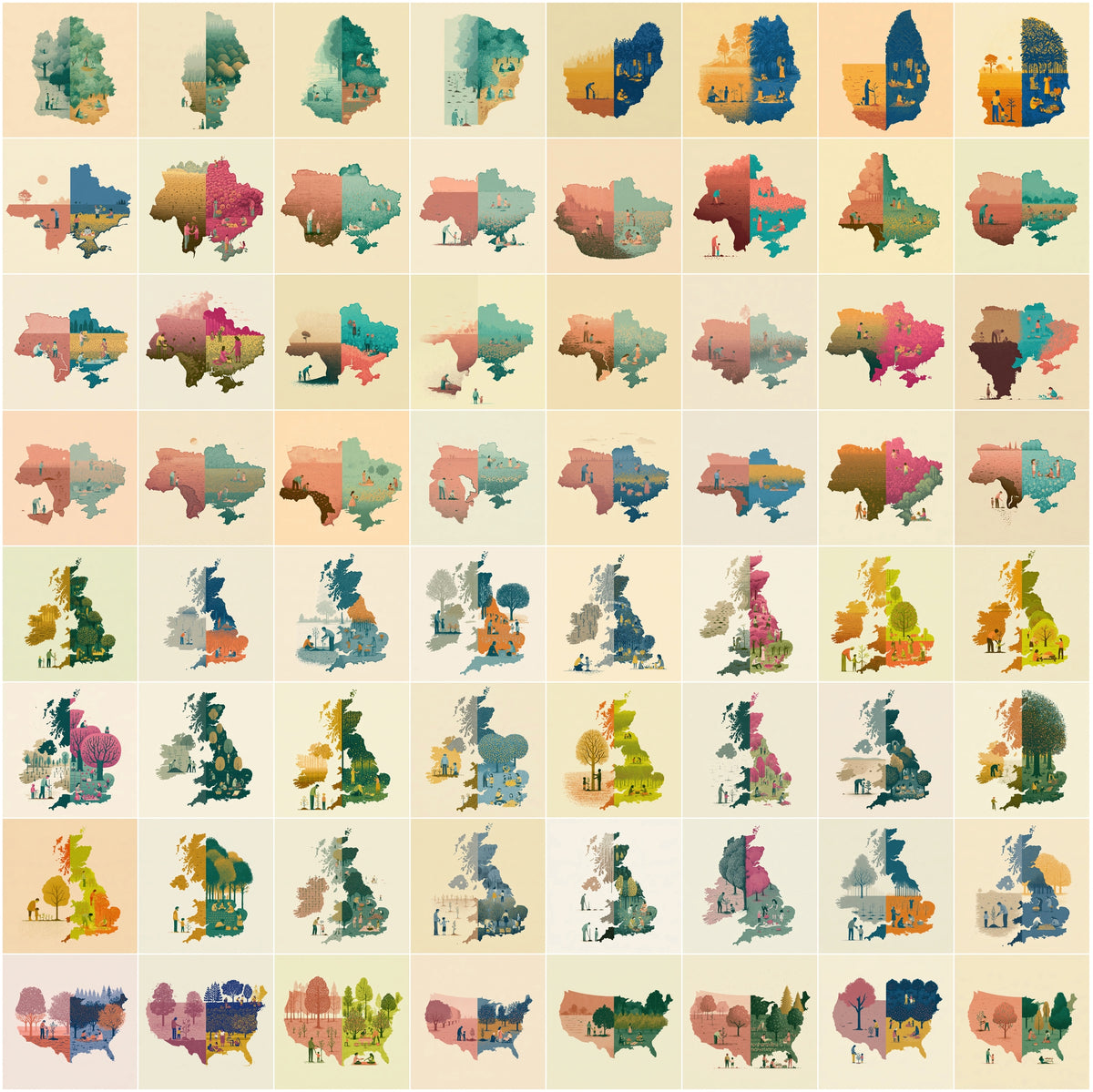 1270 Country Map Silhouette Posters - World Map Wall Art Bundle, Heritage & Harvest Split Designs