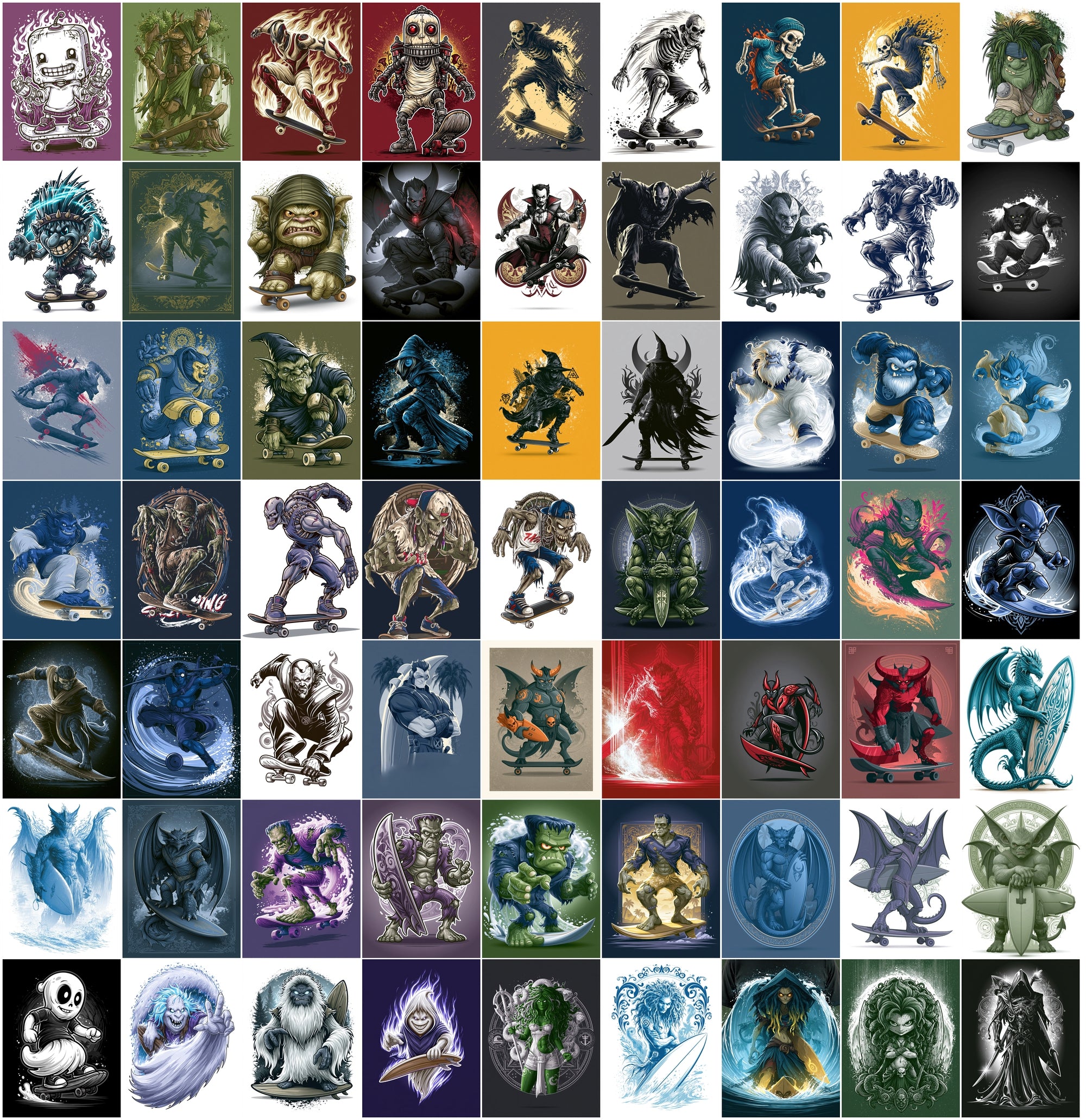 610 Monster Mashup T-Shirt Designs Bundle | Bold Graphic Character Illustrations