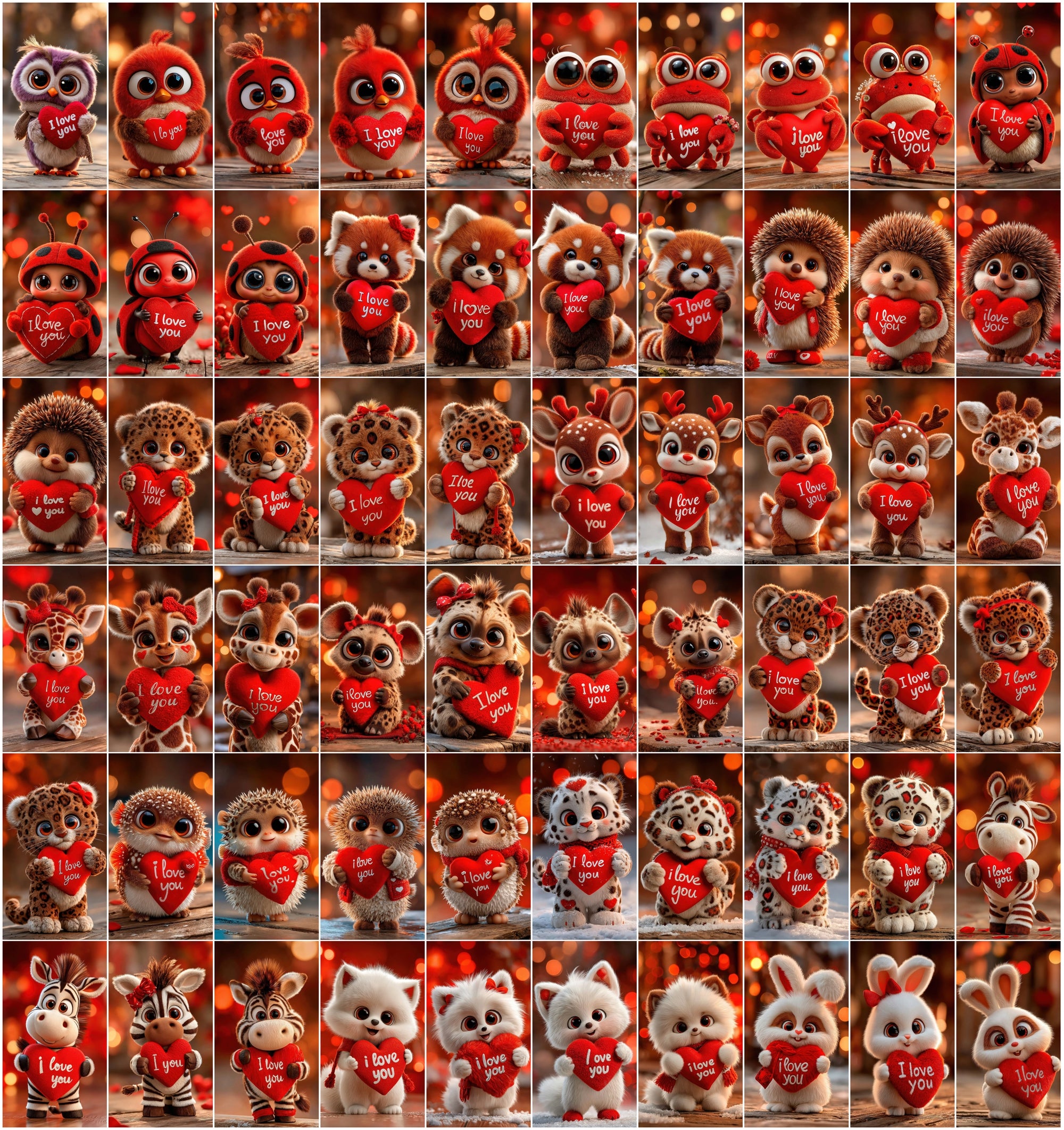 605 3D Cute Animal Love Illustrations Holding “I Love You” Hearts