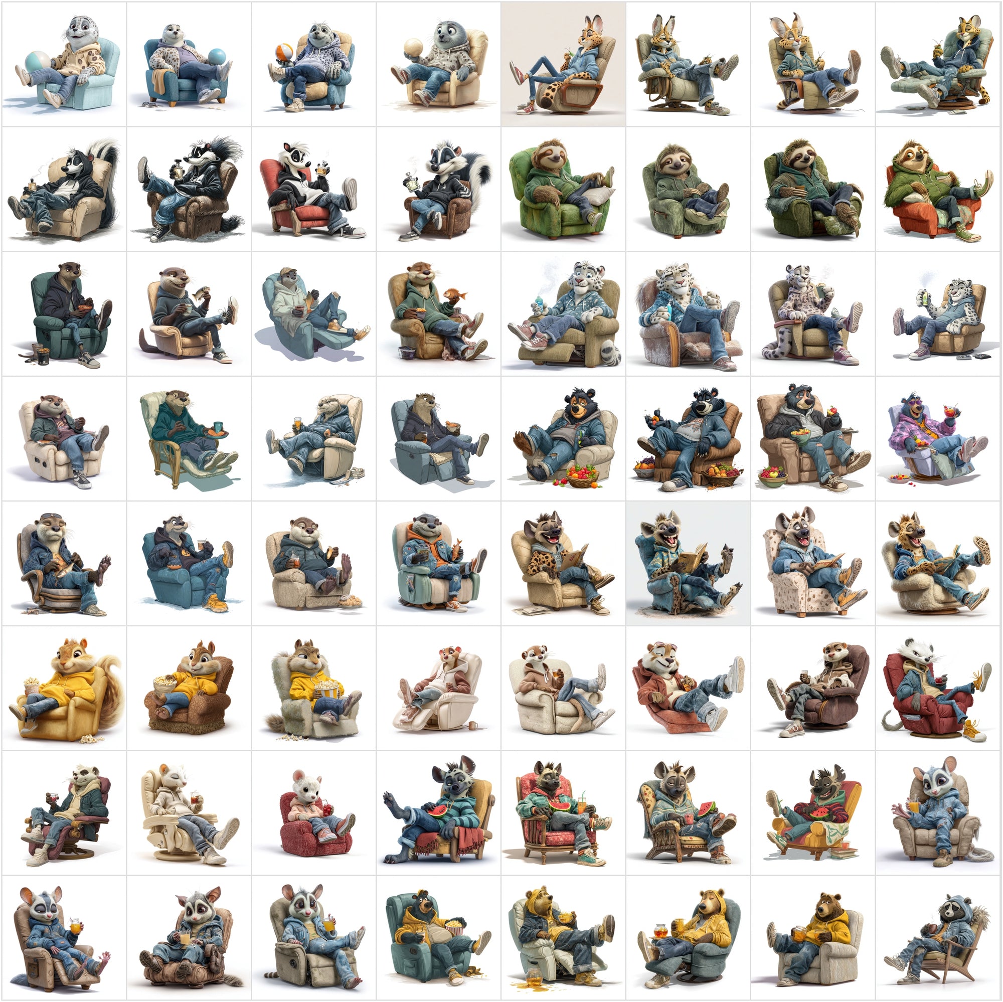 610 Cute Animals Relaxing on Recliners Clipart Bundle