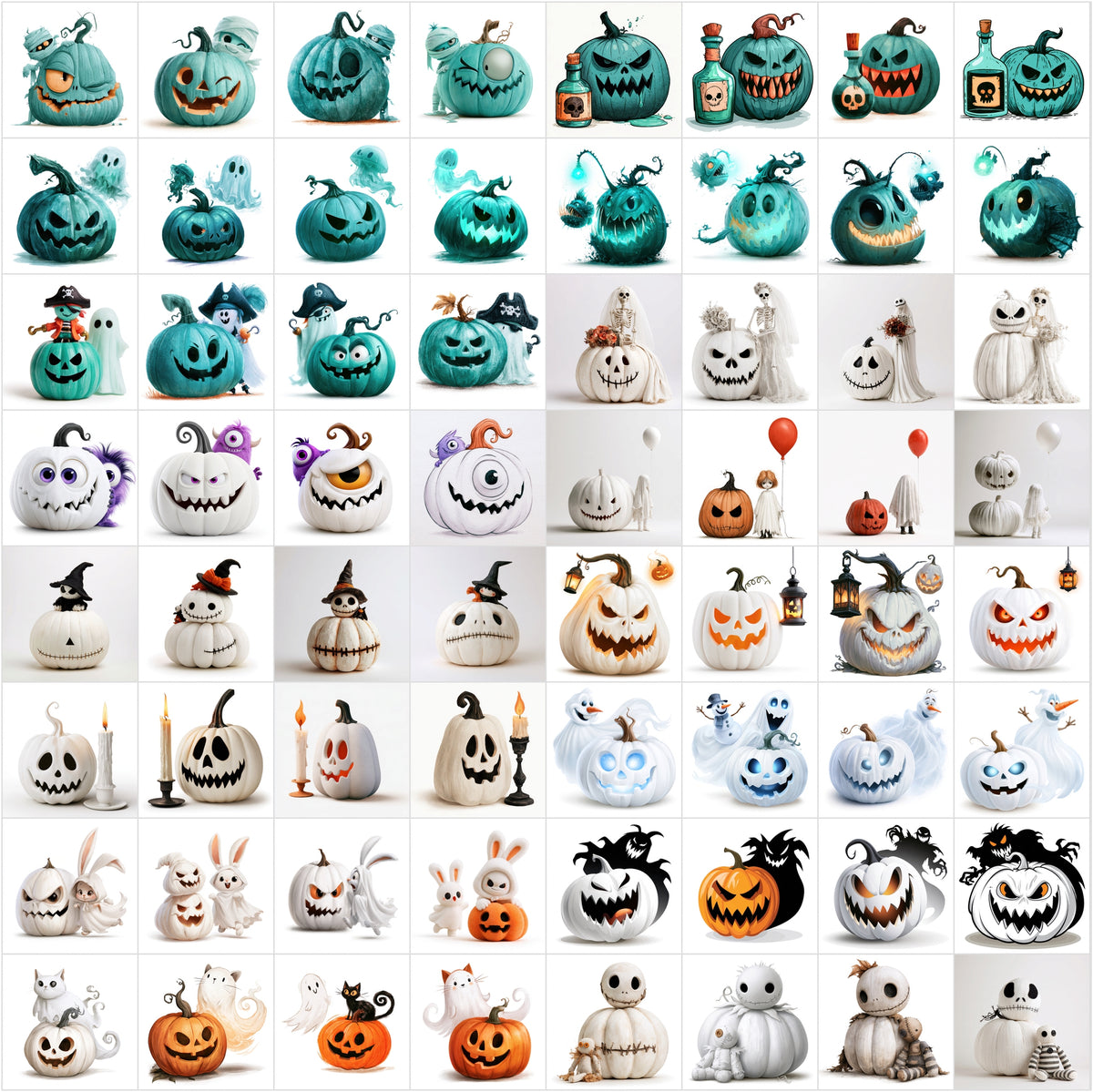 632 Halloween Cartoon Pumpkin Clipart Bundle – Spooky Jack-o’-Lantern Characters on White Background,