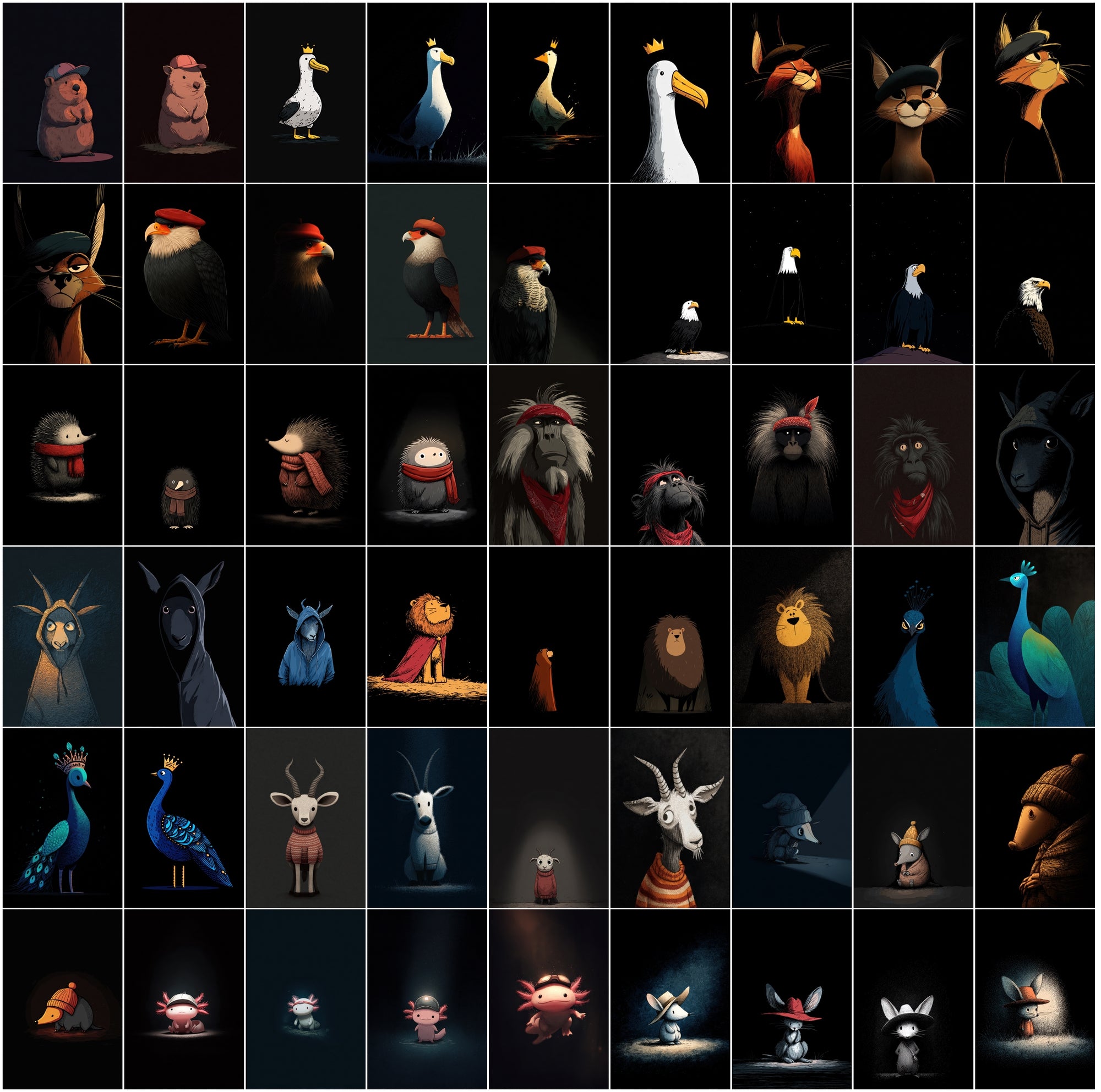630 Animals Almost Visible in the Darkness | Cute Cartoon Animal Clipart Bundle | Dark Moody Illustrations