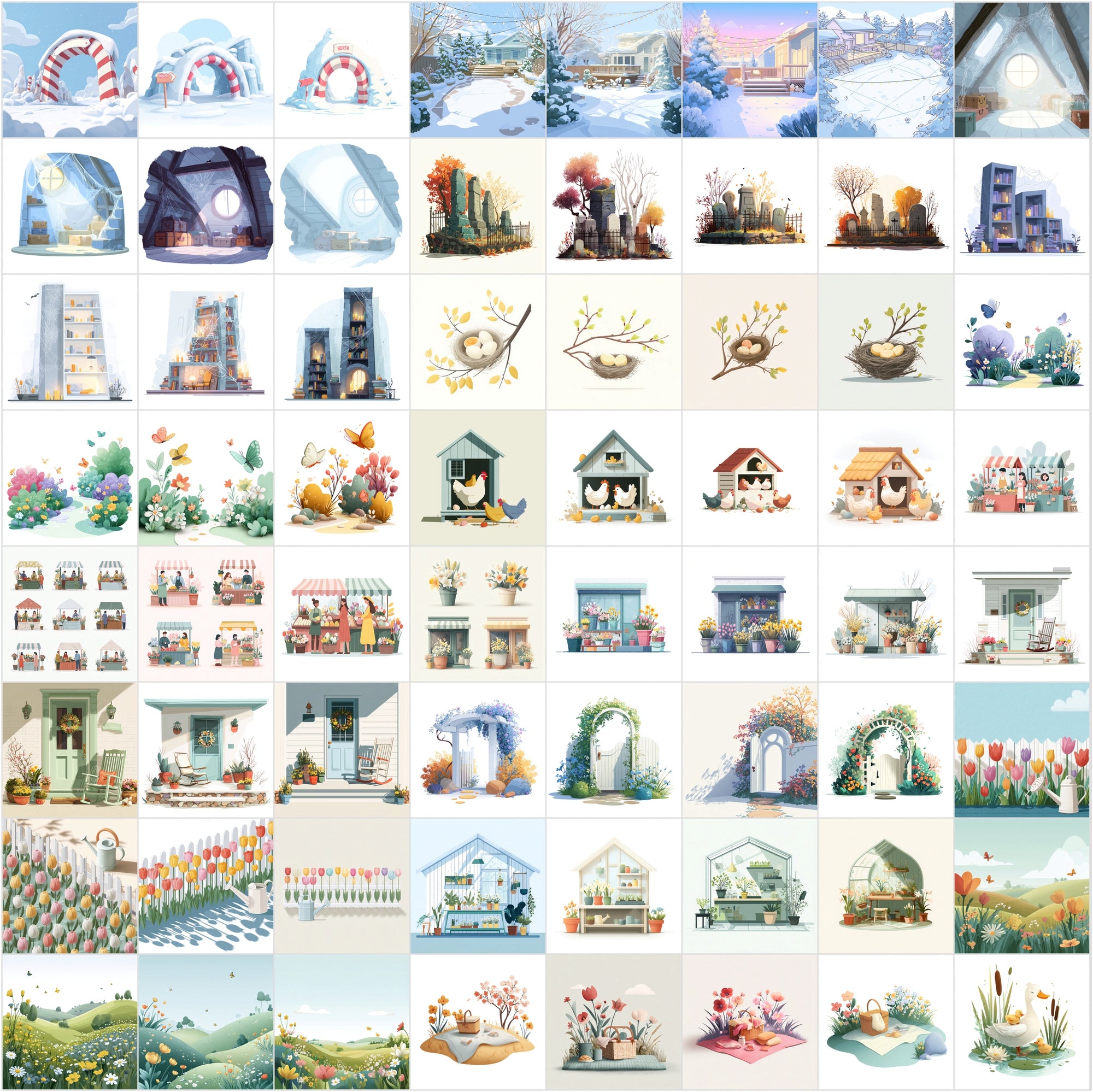 630 Minimalistic Cartoon Illustrations | Holiday & Seasonal Scenes