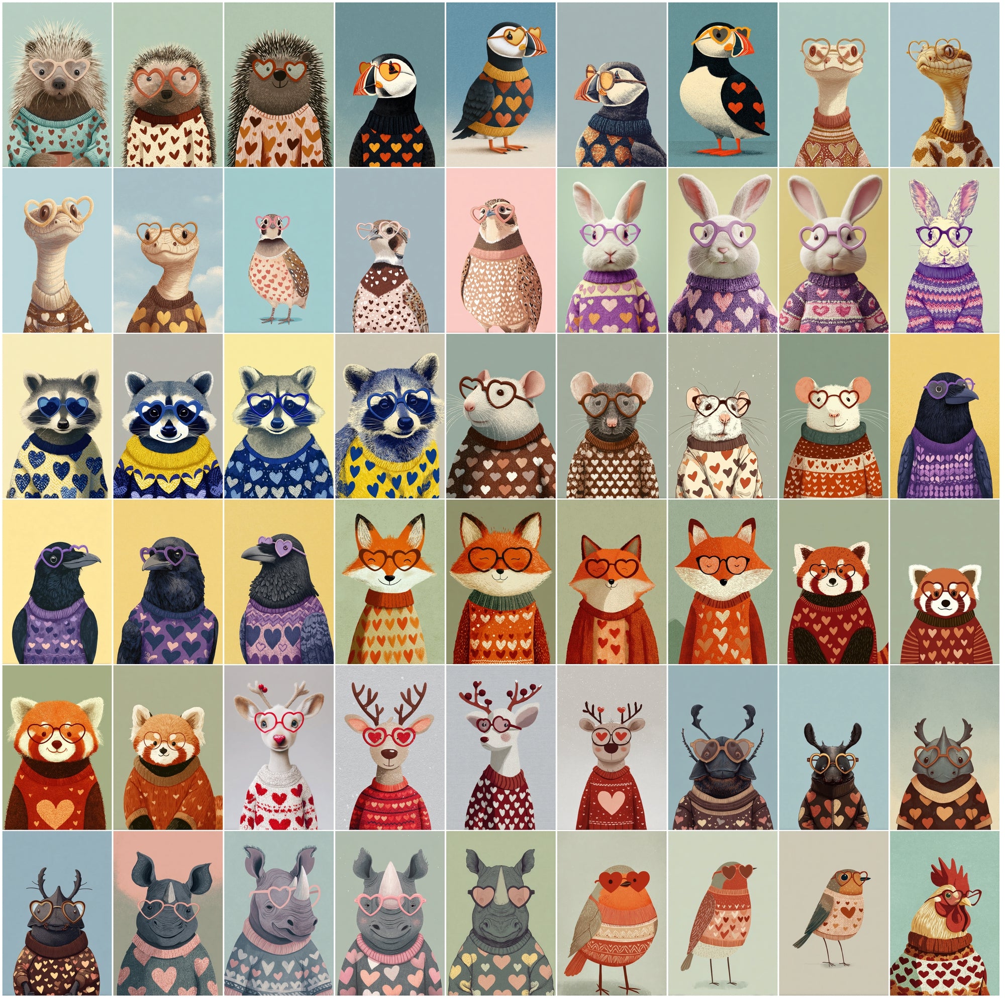 620 Cute Animals Clipart Bundle JPG | Heart Sweater Animals + Heart Glasses