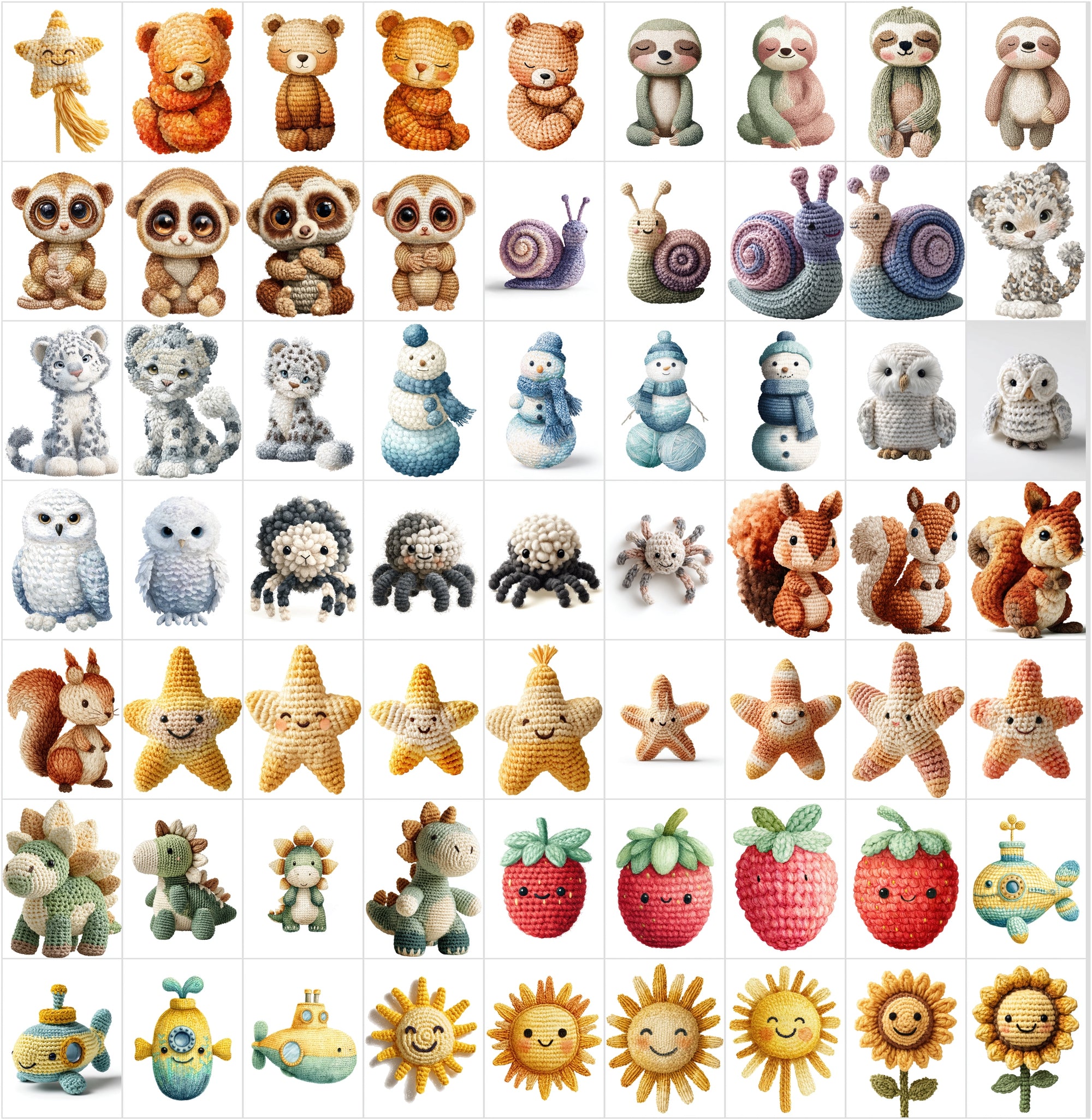 620 Crochet Animal Watercolor Clipart Bundle, Cute Nursery JPG Collection, Woodland Farm Ocean Fantasy Baby Shower Art