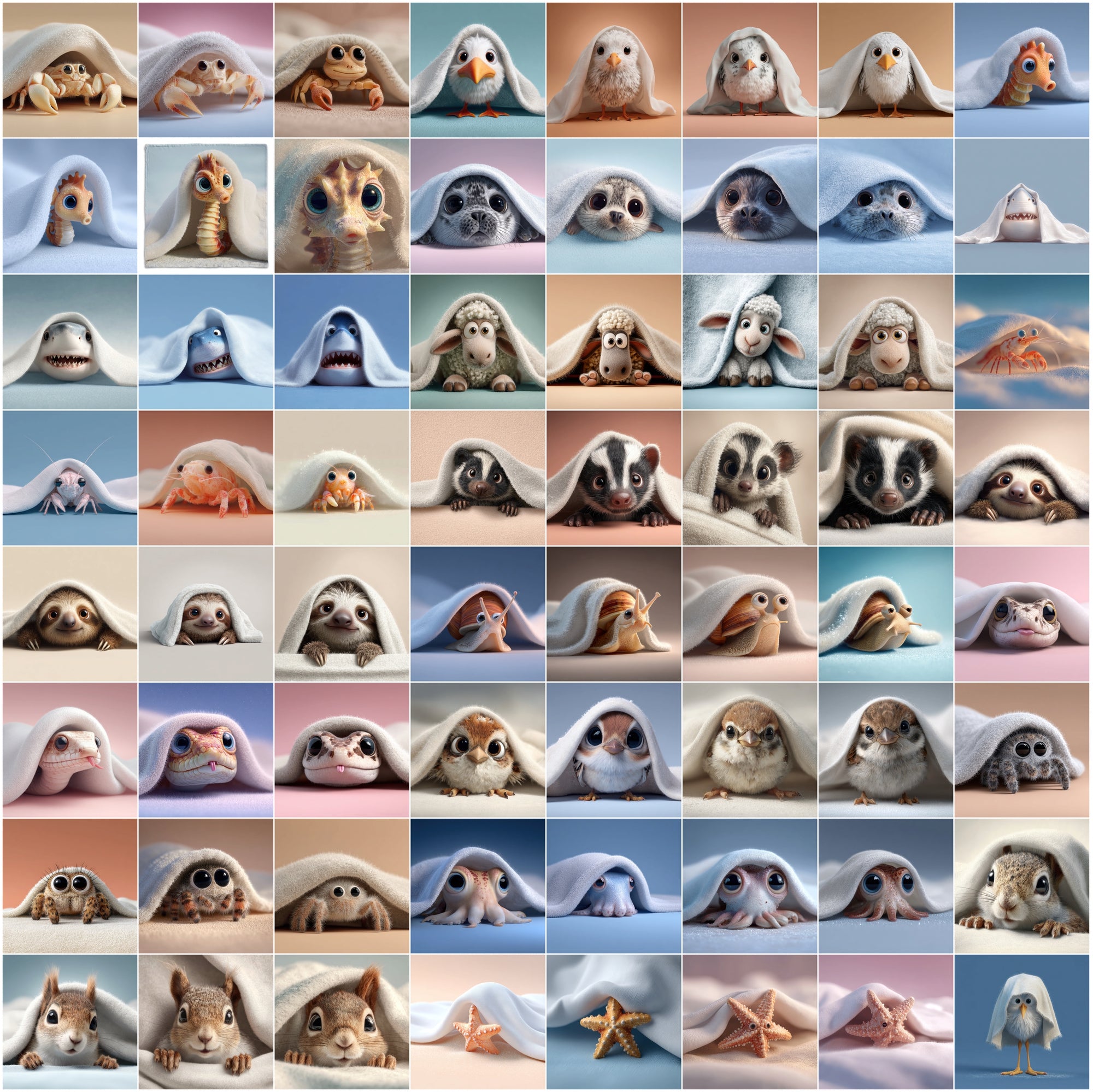 639 Cute Animals Hiding Under Blankets | Adorable 3D Pet Clipart Bundle