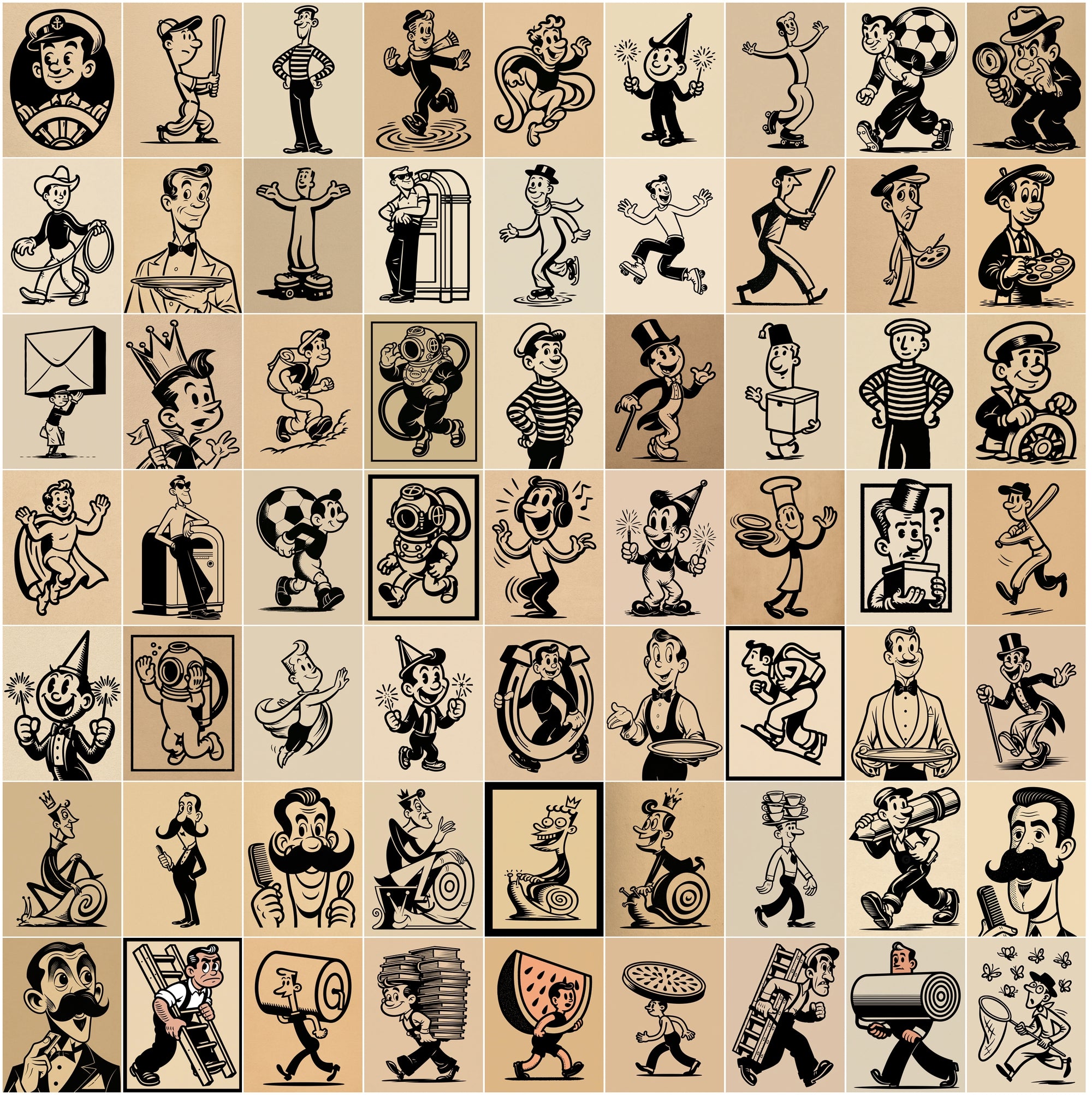 600 Retro Cartoon Illustrations Bundle, Vintage T-Shirt Graphics, JPG Clipart with Commercial License