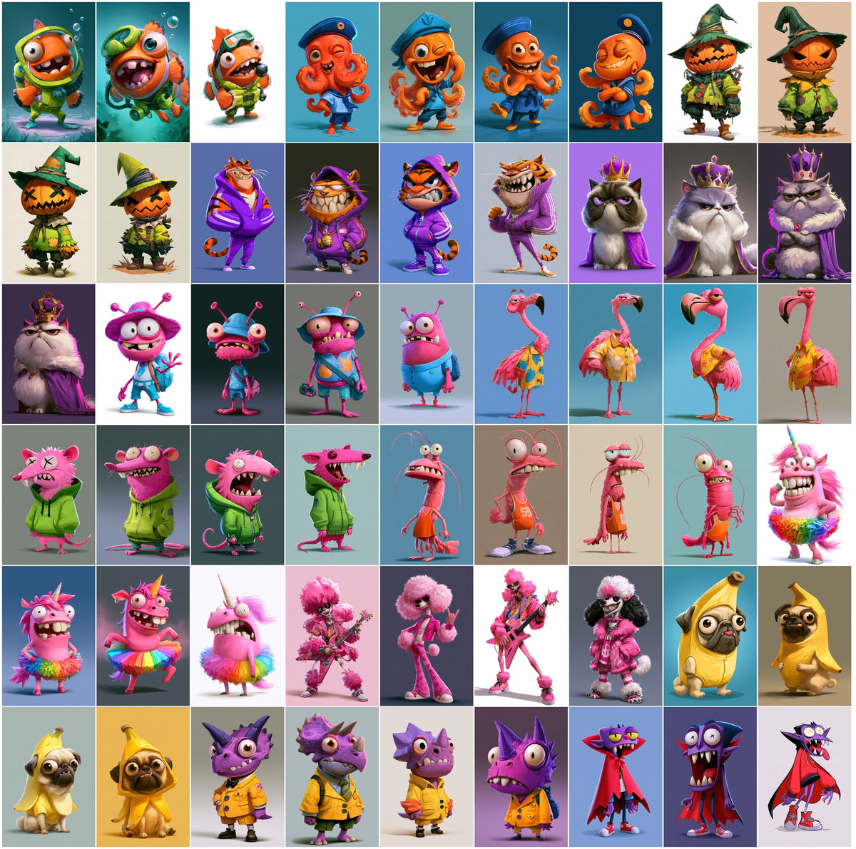 620 Cartoon Mascot Characters Bundle – Funny 2D Game Art Animals & Monsters