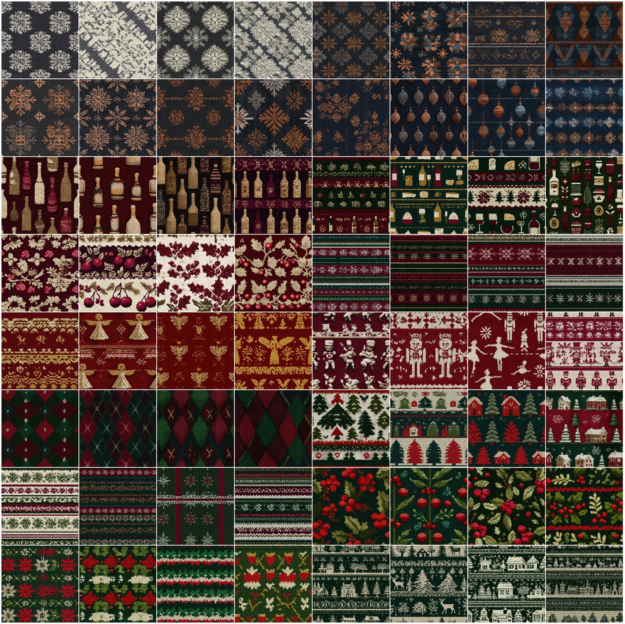 640 Seamless Christmas Knit Patterns, JPG + PAT, Holiday Sweater Textures with Commercial License