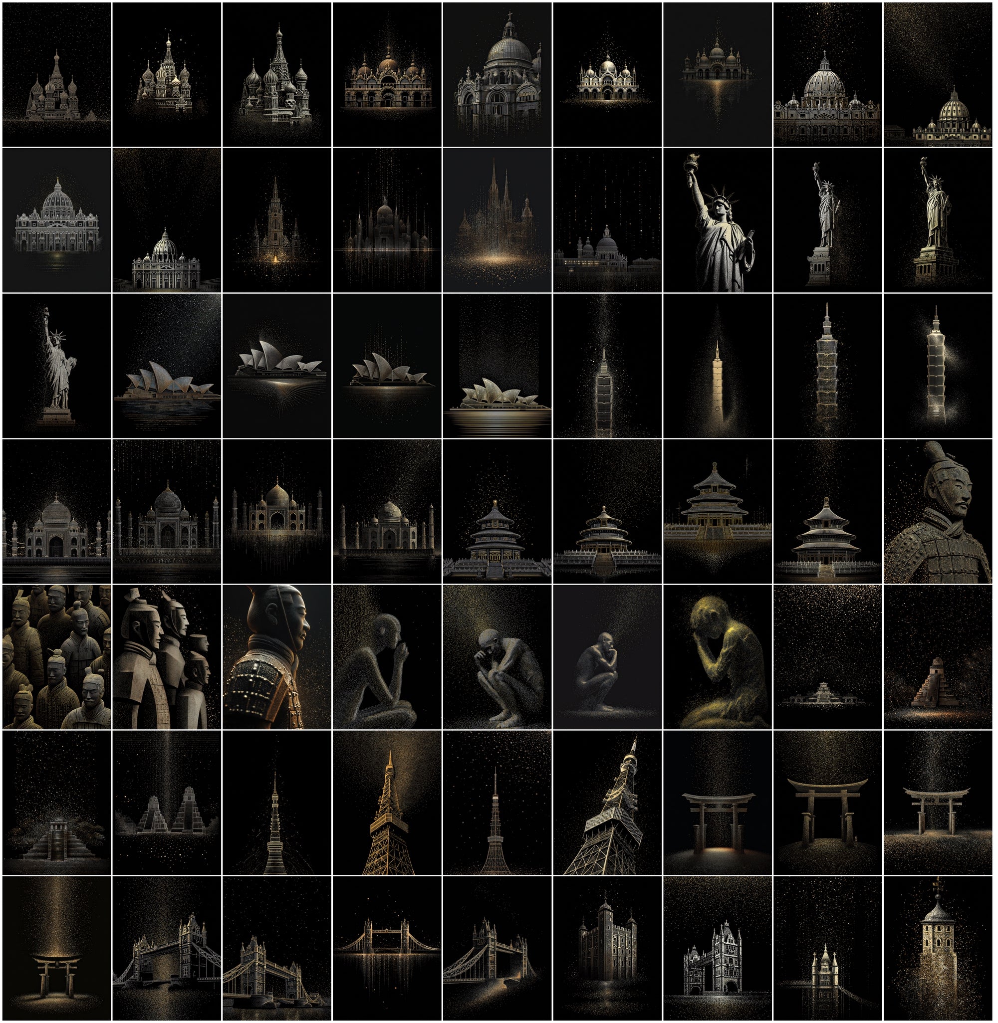 630 Minimalist Landmark Dots Bundle | Gold & Silver Glitter on Black