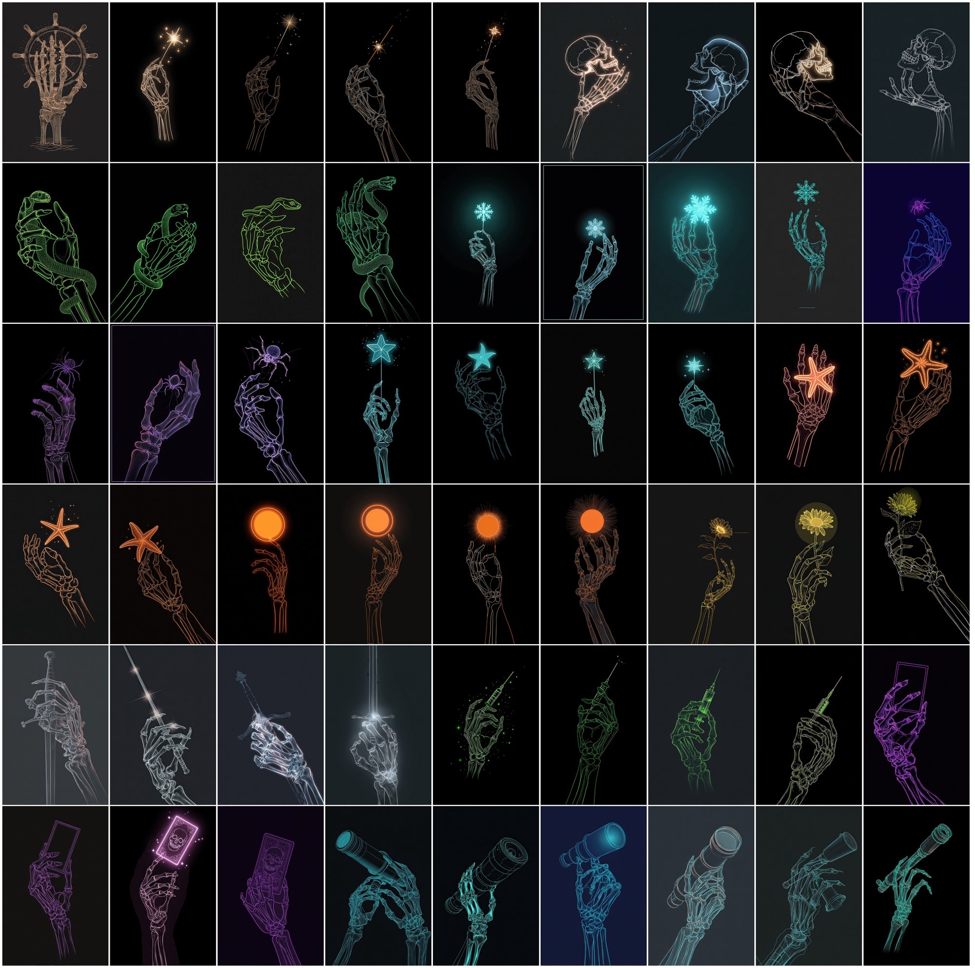630 Skeleton Hand Neon Line Art Bundle, Halloween Clipart Pack, Gothic Posters