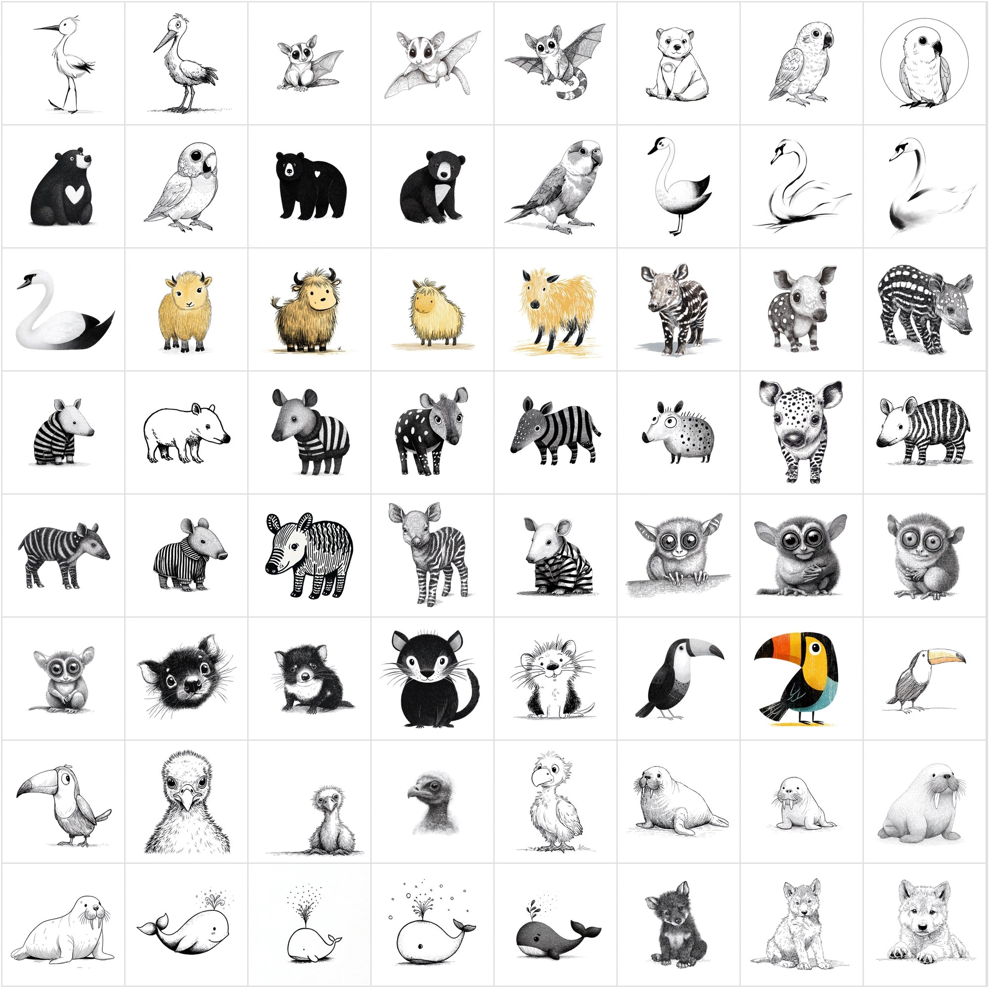 625 Children's Book Animal Illustrations — Black & White Line Art Bundle