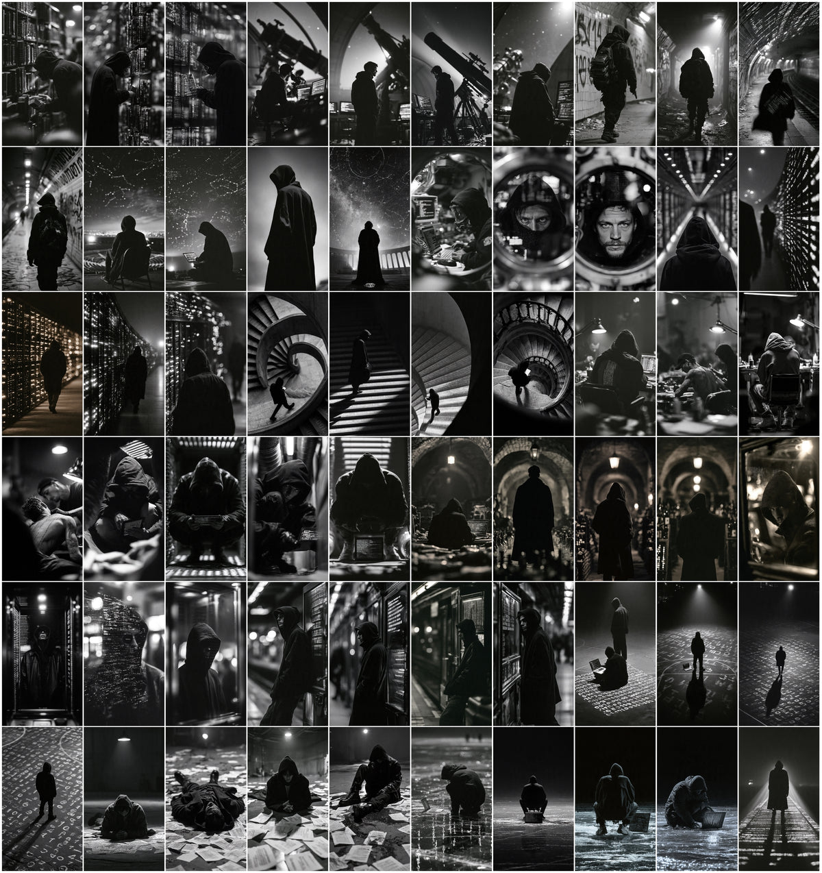635 Hacker Images Bundle – Black & White Cyberpunk Photography, Binary Code & Hooded Hacker Wallpapers, 9:16 JPG, Commercial License