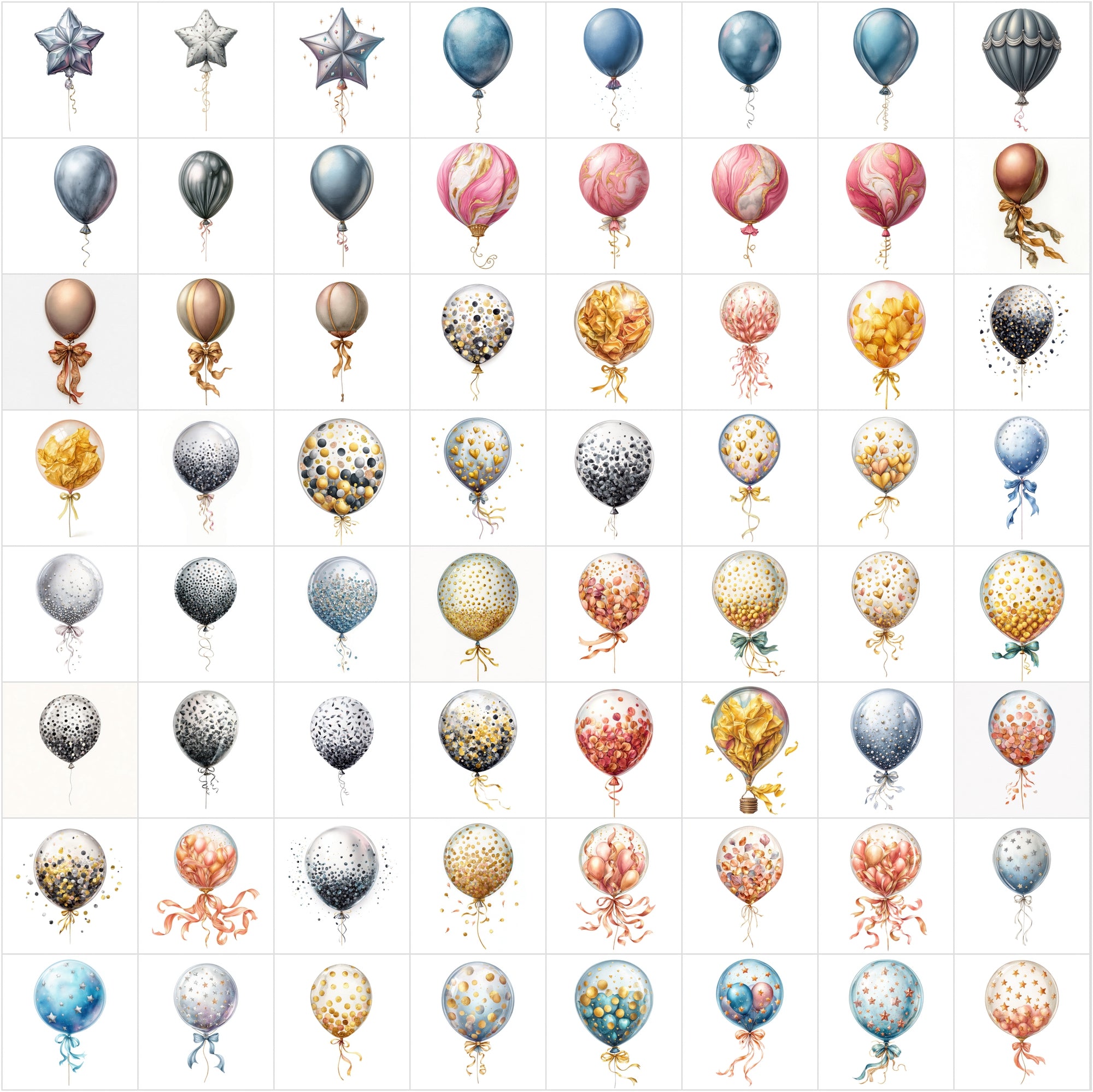 635 Watercolor Balloon Clipart Bundle • Metallic & Luxury Balloon Set