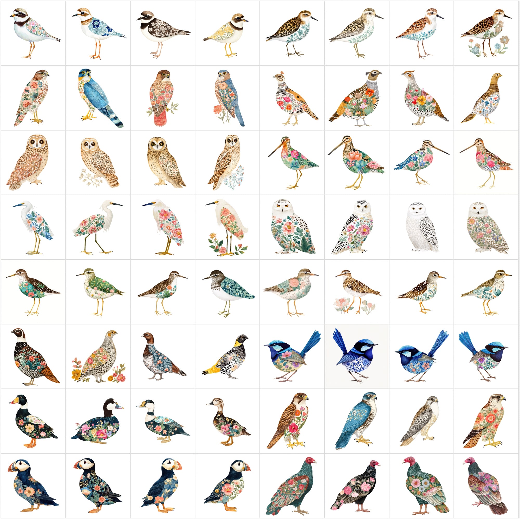 640 Watercolor Birds with Floral Patterns