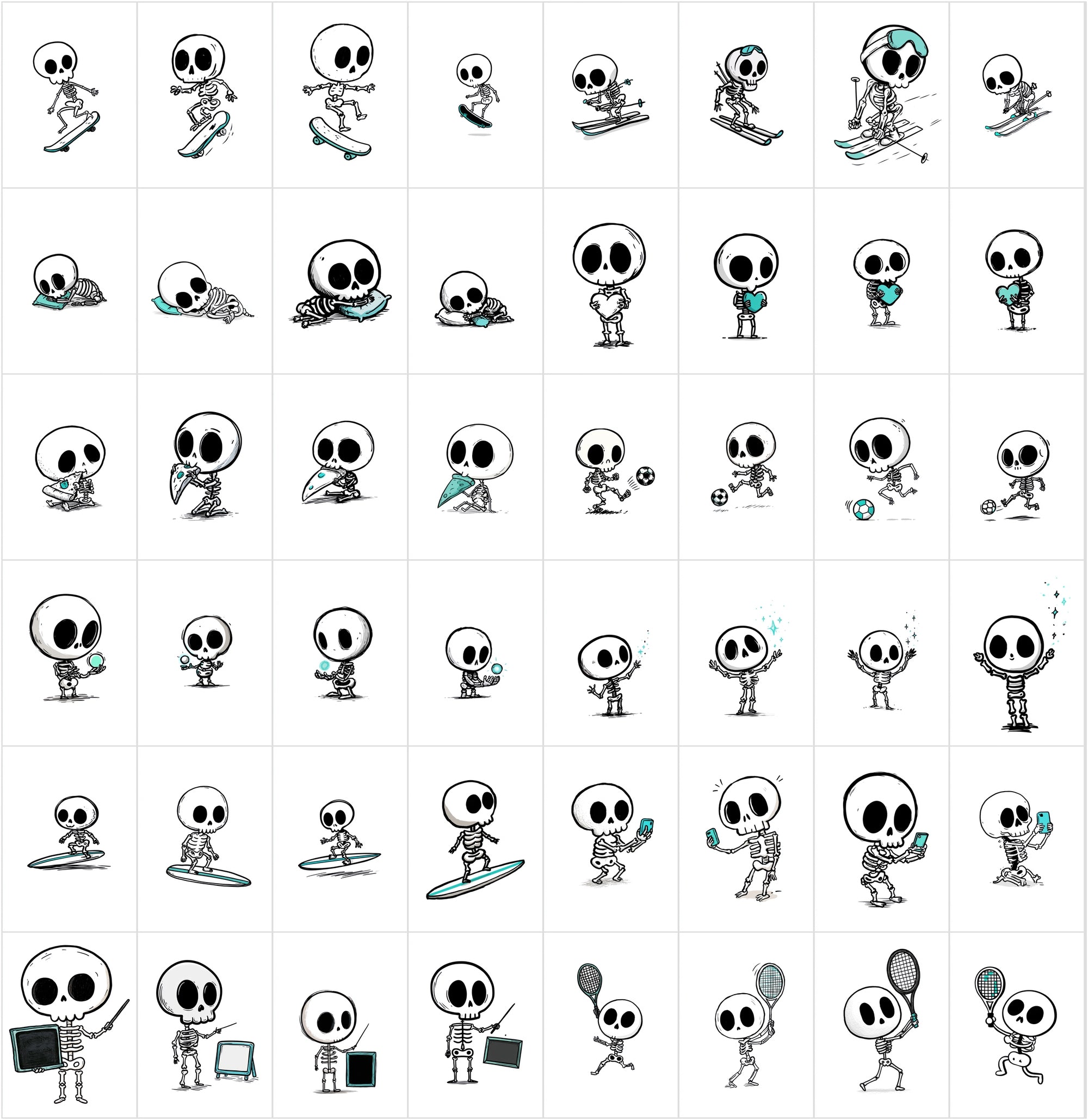 600 Cute Skeleton Doodle Clipart Bundle | Hand Drawn Stickman Skull Illustrations