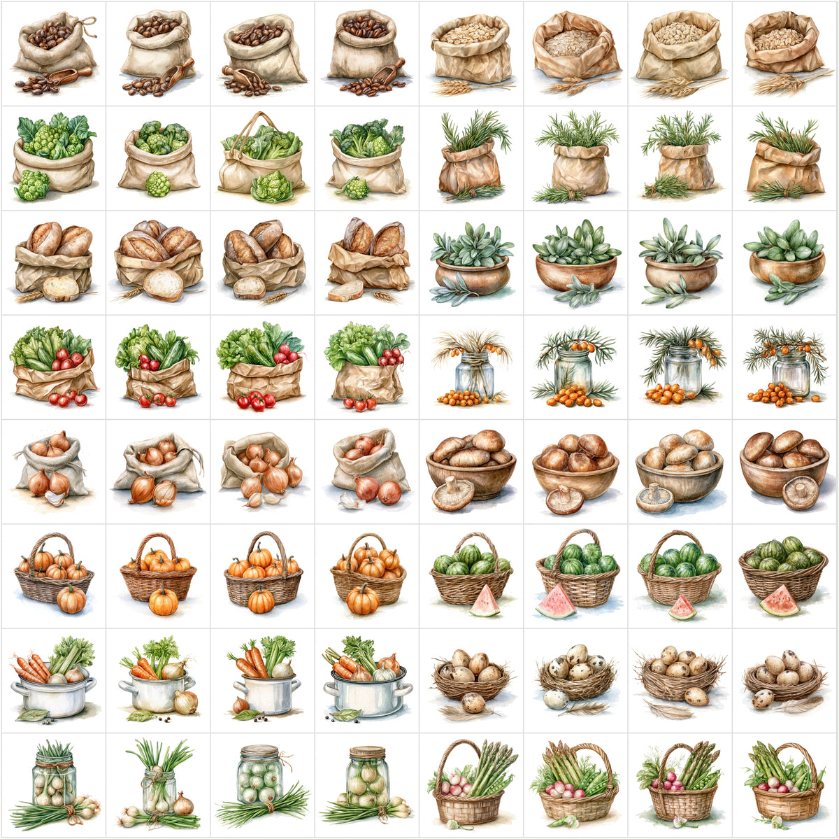 630 Fruit & Vegetable Illustrations – Farmhouse Kitchen Clipart Bundle, Harvest Food Art