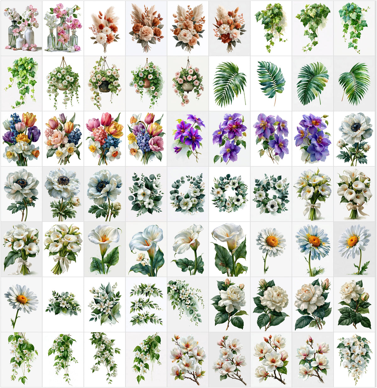 635 Watercolor Flowers Clipart Bundle – Wedding Florals, Bouquets, Wreaths & Greenery PNG-Ready JPG, Commercial Use