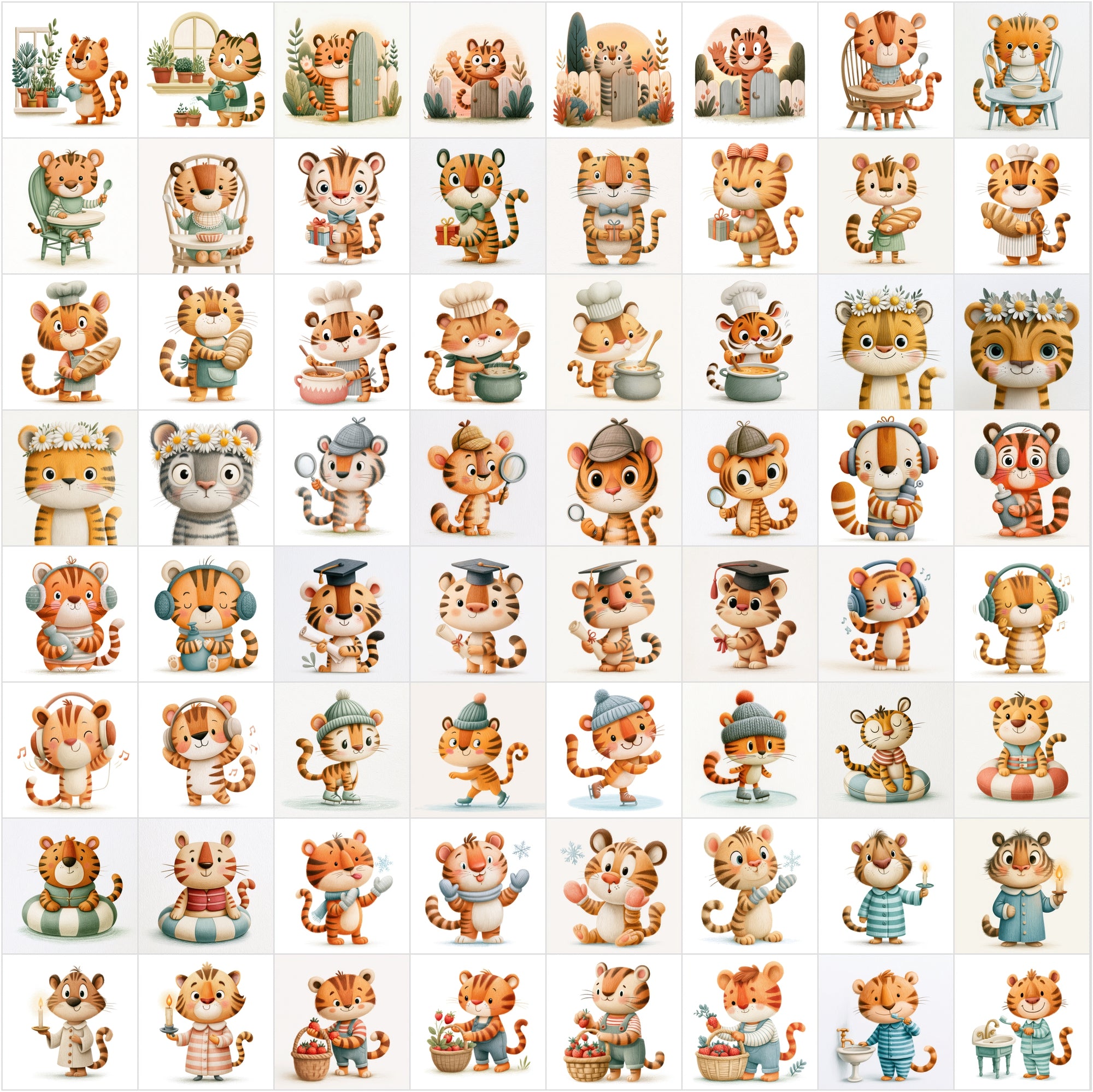 630 Cute Tiger Clipart Bundle | Whimsical Children's Book Illustrations