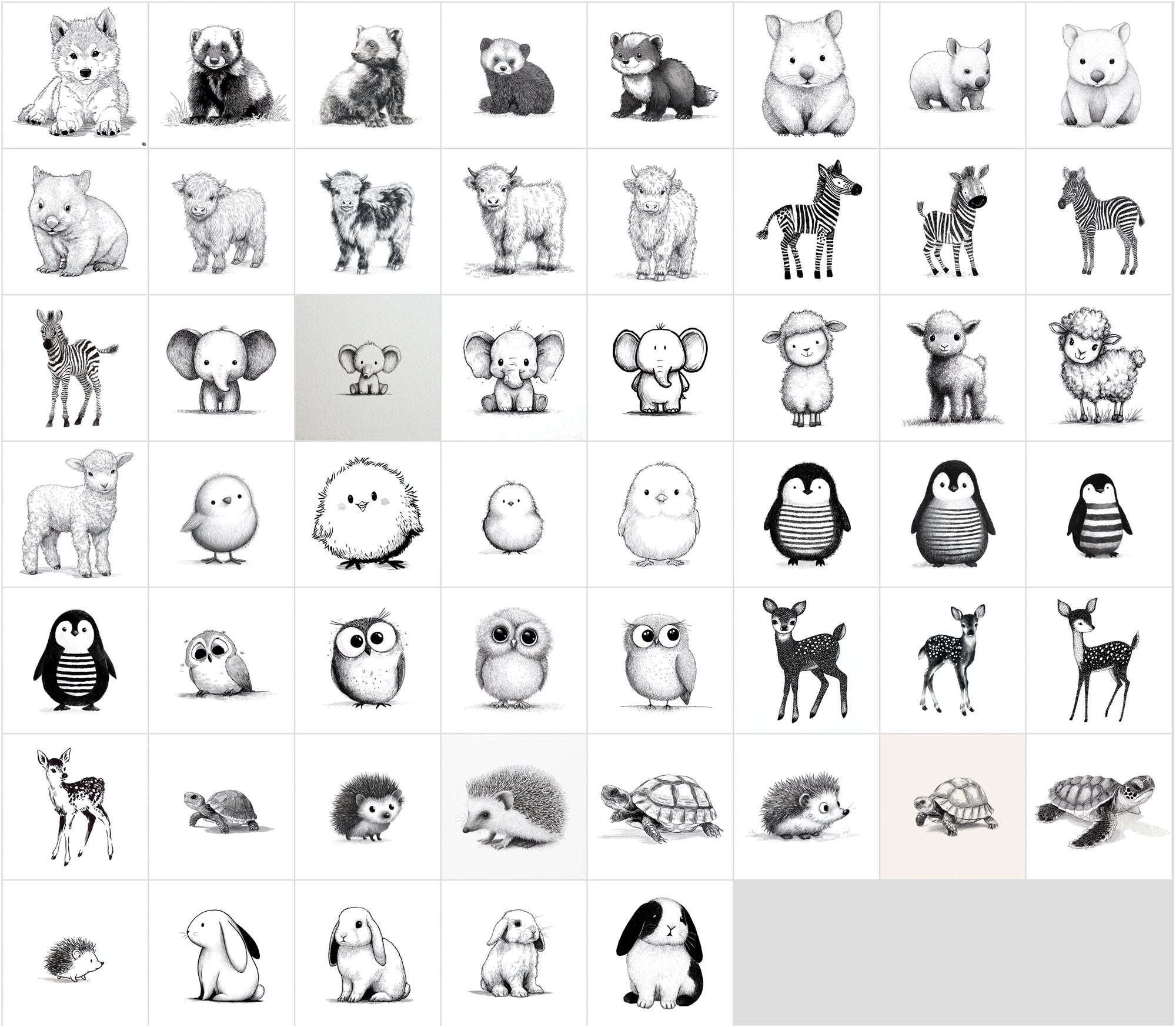 625 Children's Book Animal Illustrations — Black & White Line Art Bundle