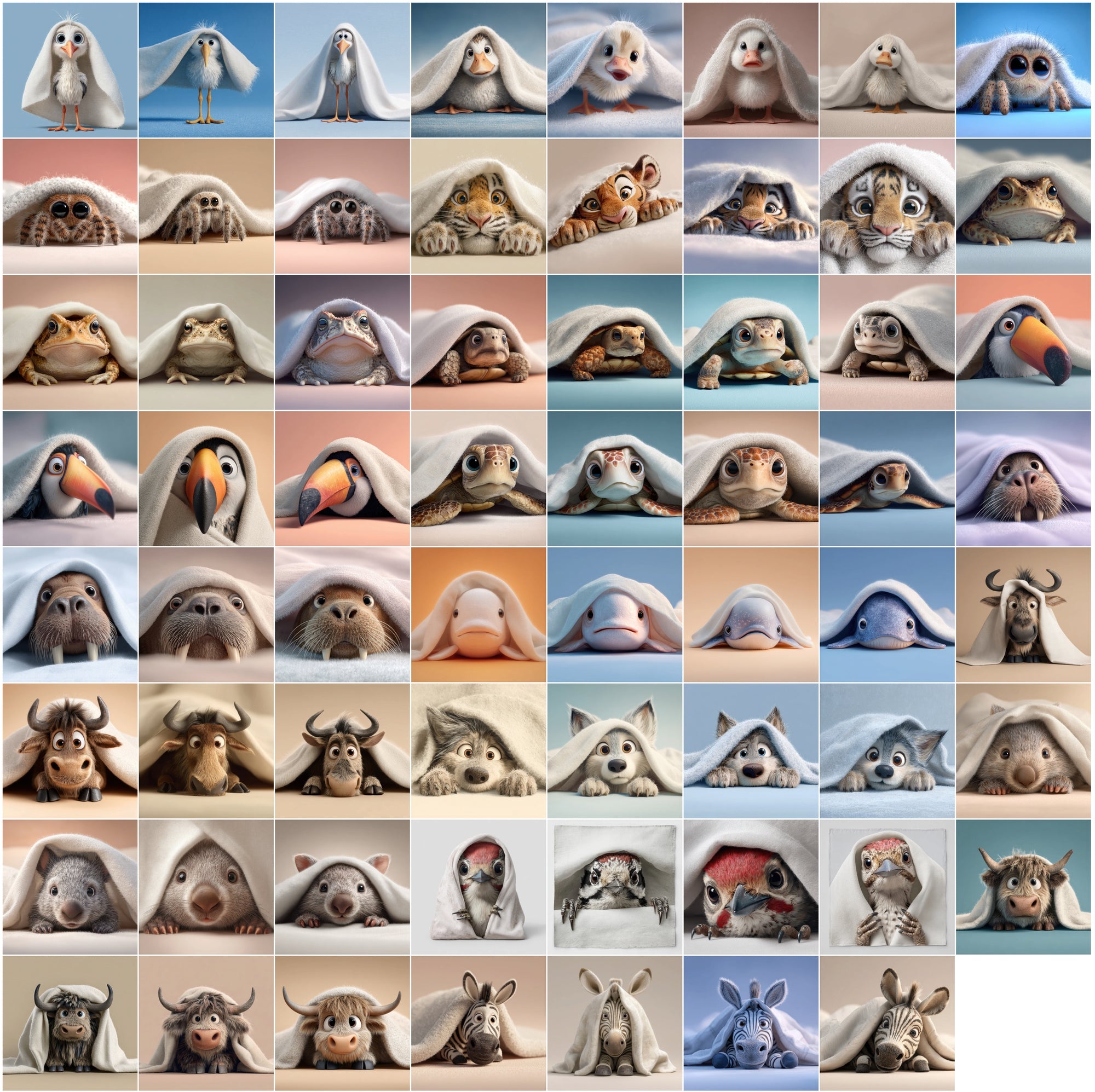 639 Cute Animals Hiding Under Blankets | Adorable 3D Pet Clipart Bundle