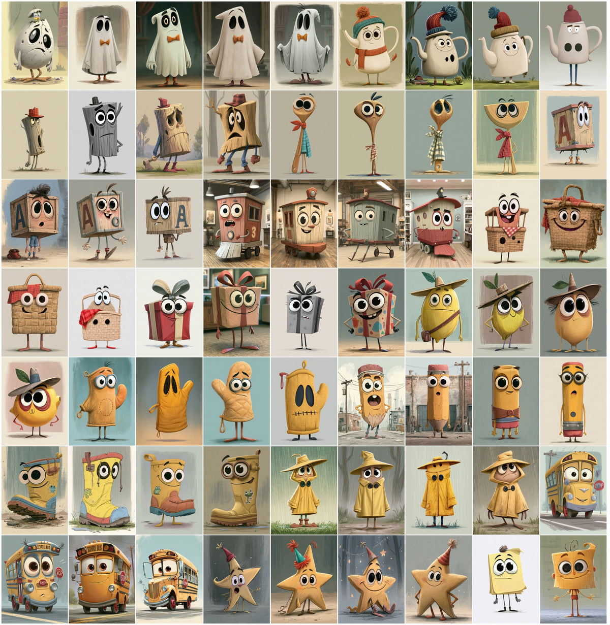 640 Cute Mascot Character Images – Whimsical Object Mascots with Big Eyes, High-Res JPG, Commercial License