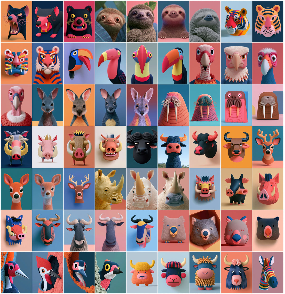 630 3D Animal Portrait Bundle | Stylized Clay & Paper-Craft Animal Head Art, Bold Color Backgrounds, Commercial Use