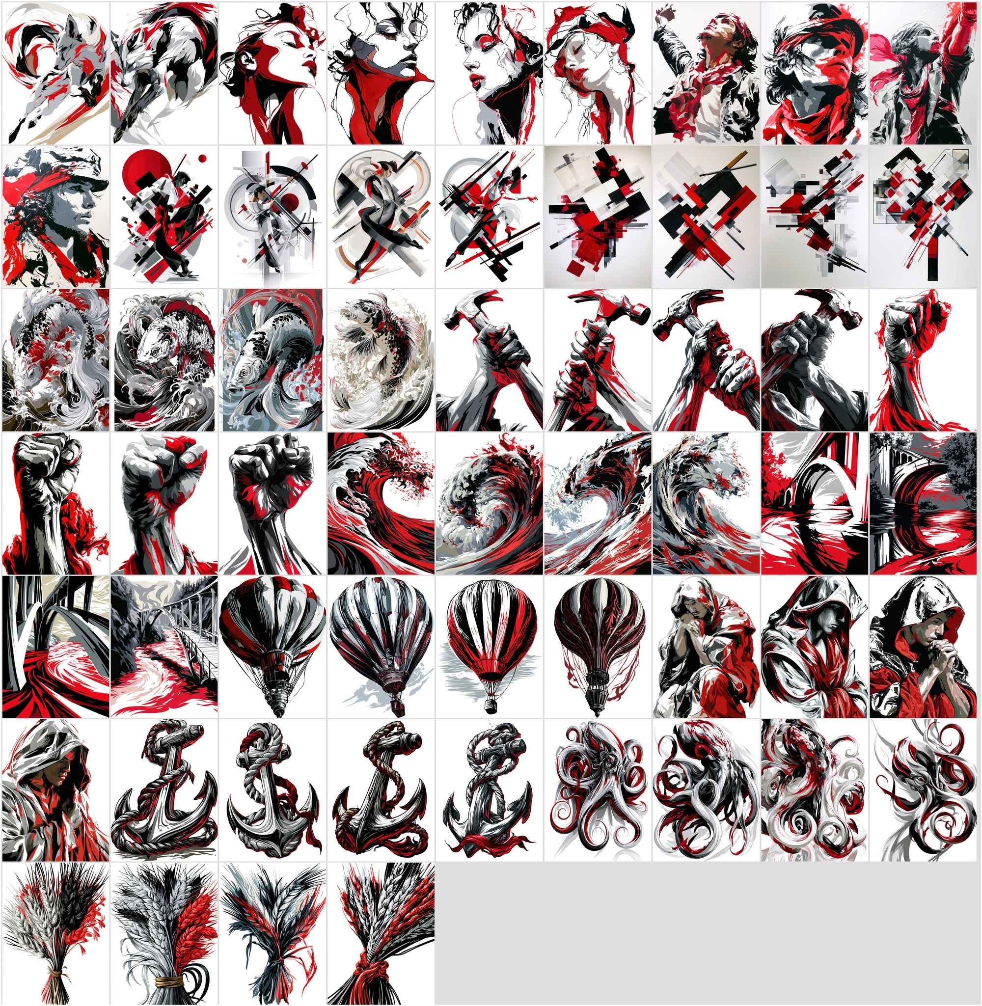 625 Abstract Art Prints Bundle | Red Black White Geometric Posters | Bauhaus Cubist Wall Art