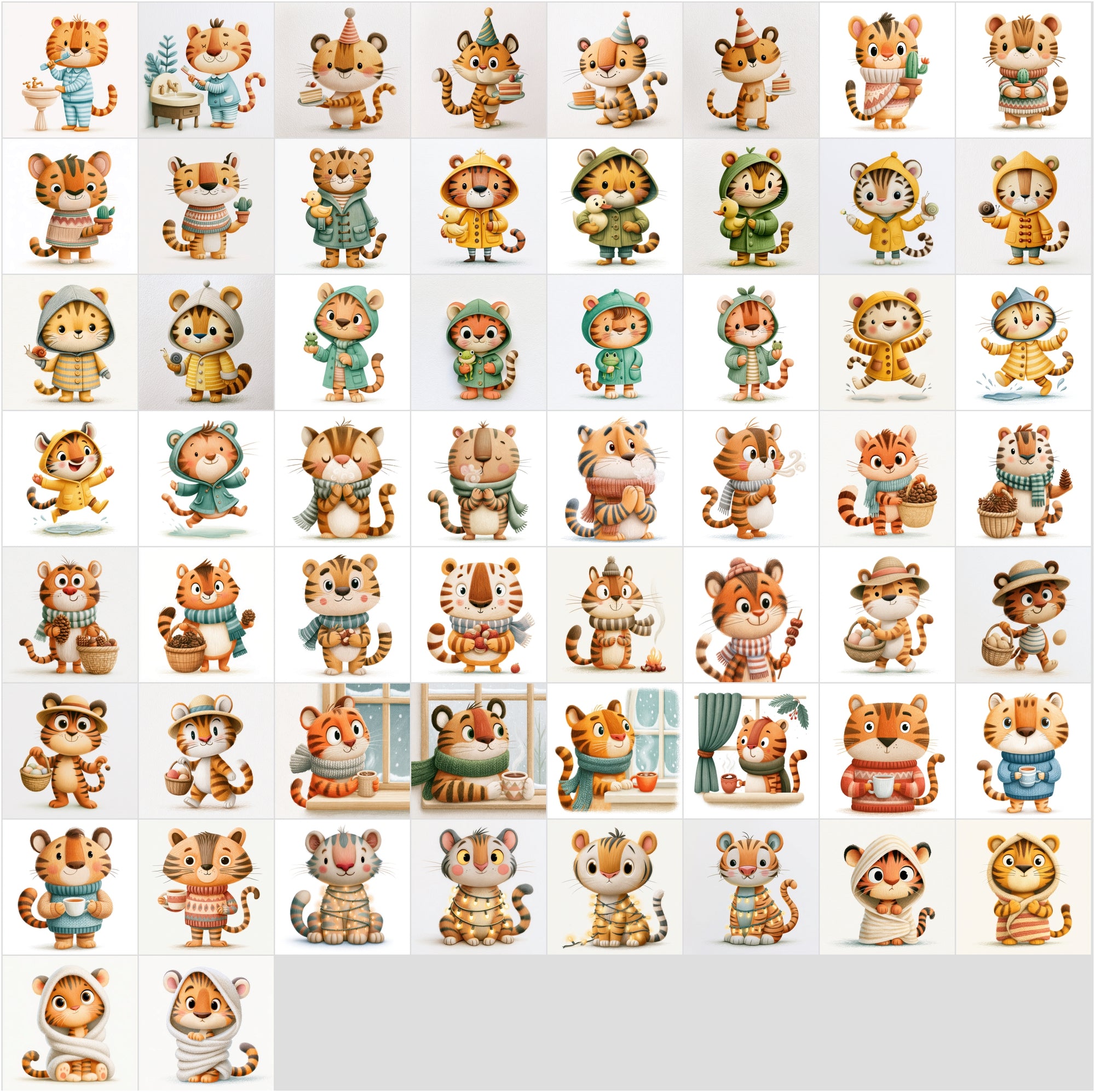 630 Cute Tiger Clipart Bundle | Whimsical Children's Book Illustrations