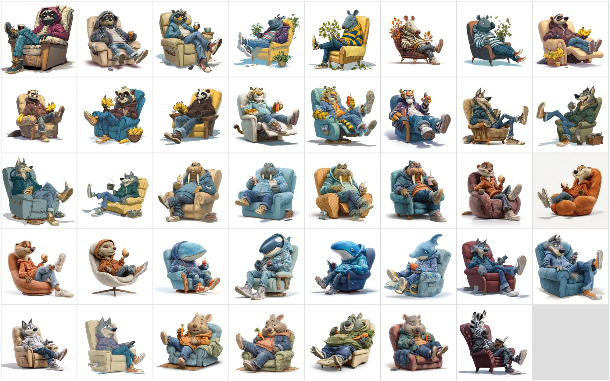 610 Cute Animals Relaxing on Recliners Clipart Bundle