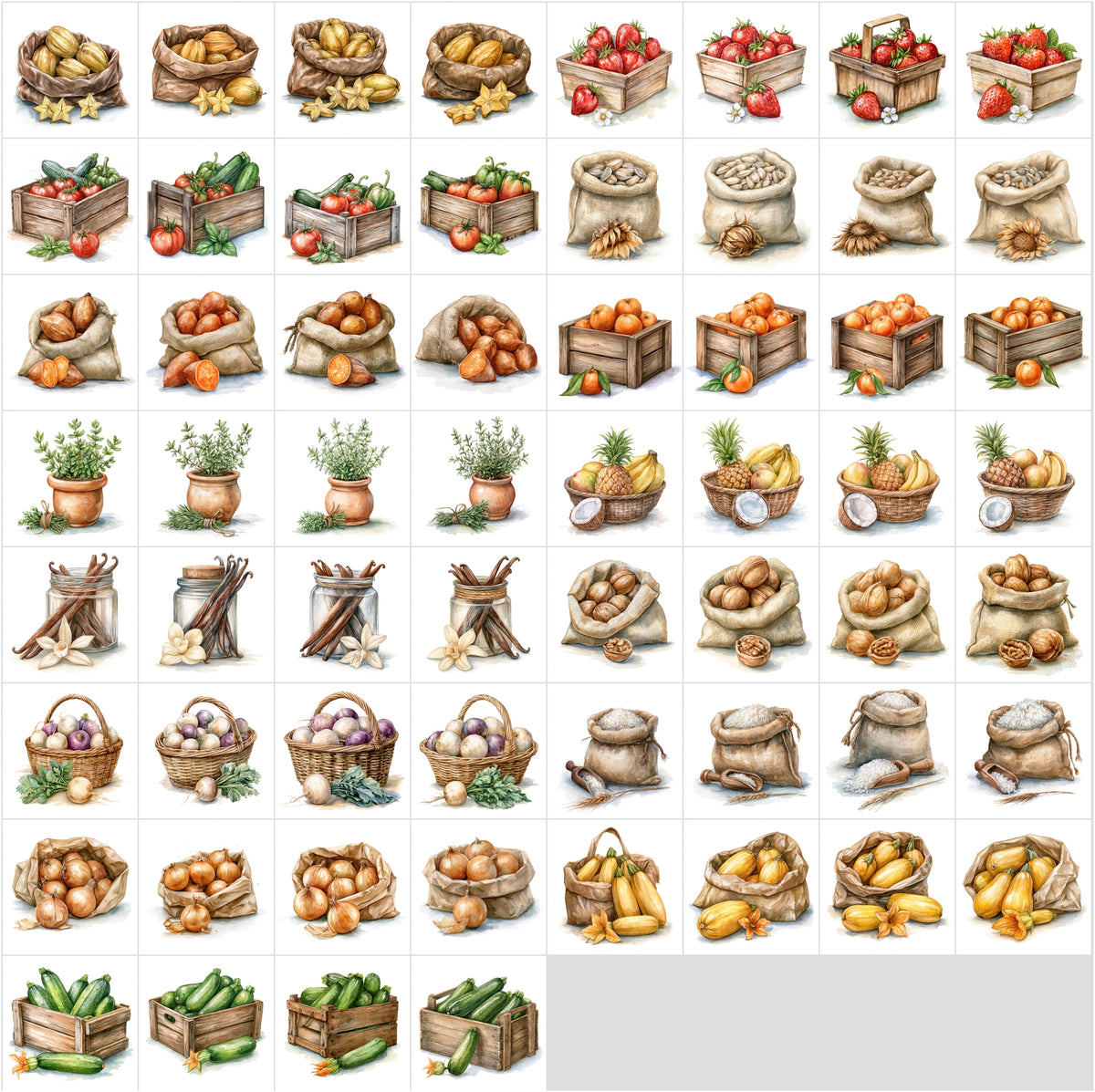 630 Fruit & Vegetable Illustrations – Farmhouse Kitchen Clipart Bundle, Harvest Food Art