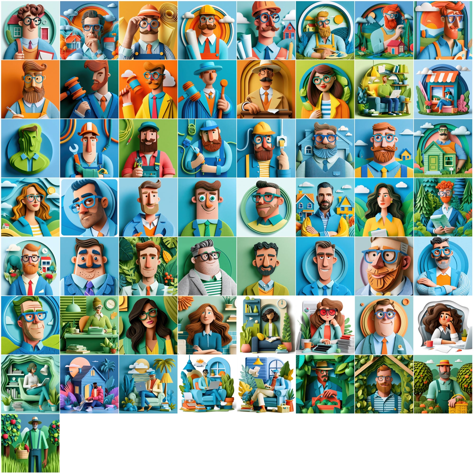 630 Layered Paper Cut Professional Character Illustrations