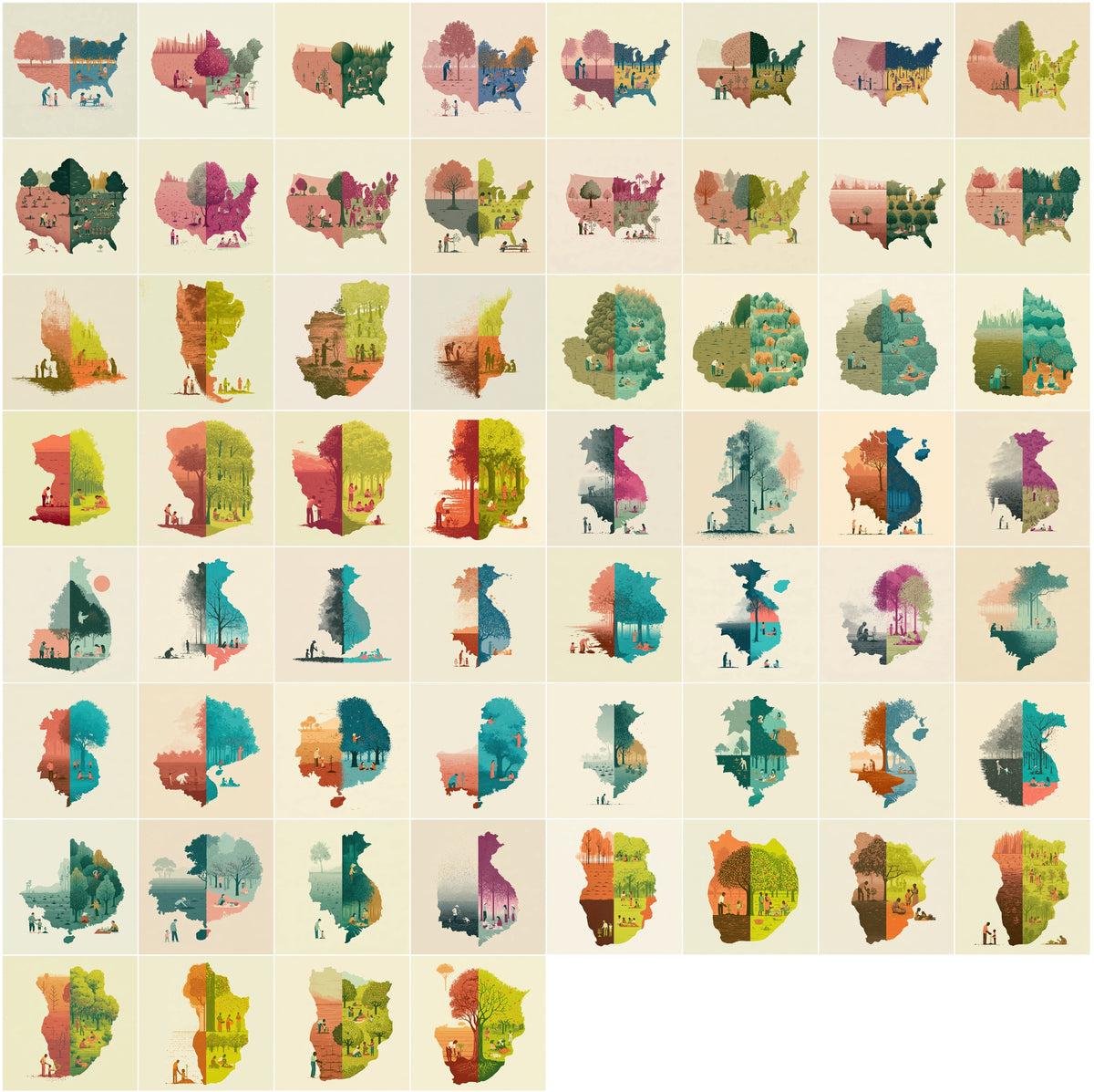 1270 Country Map Silhouette Posters - World Map Wall Art Bundle, Heritage & Harvest Split Designs