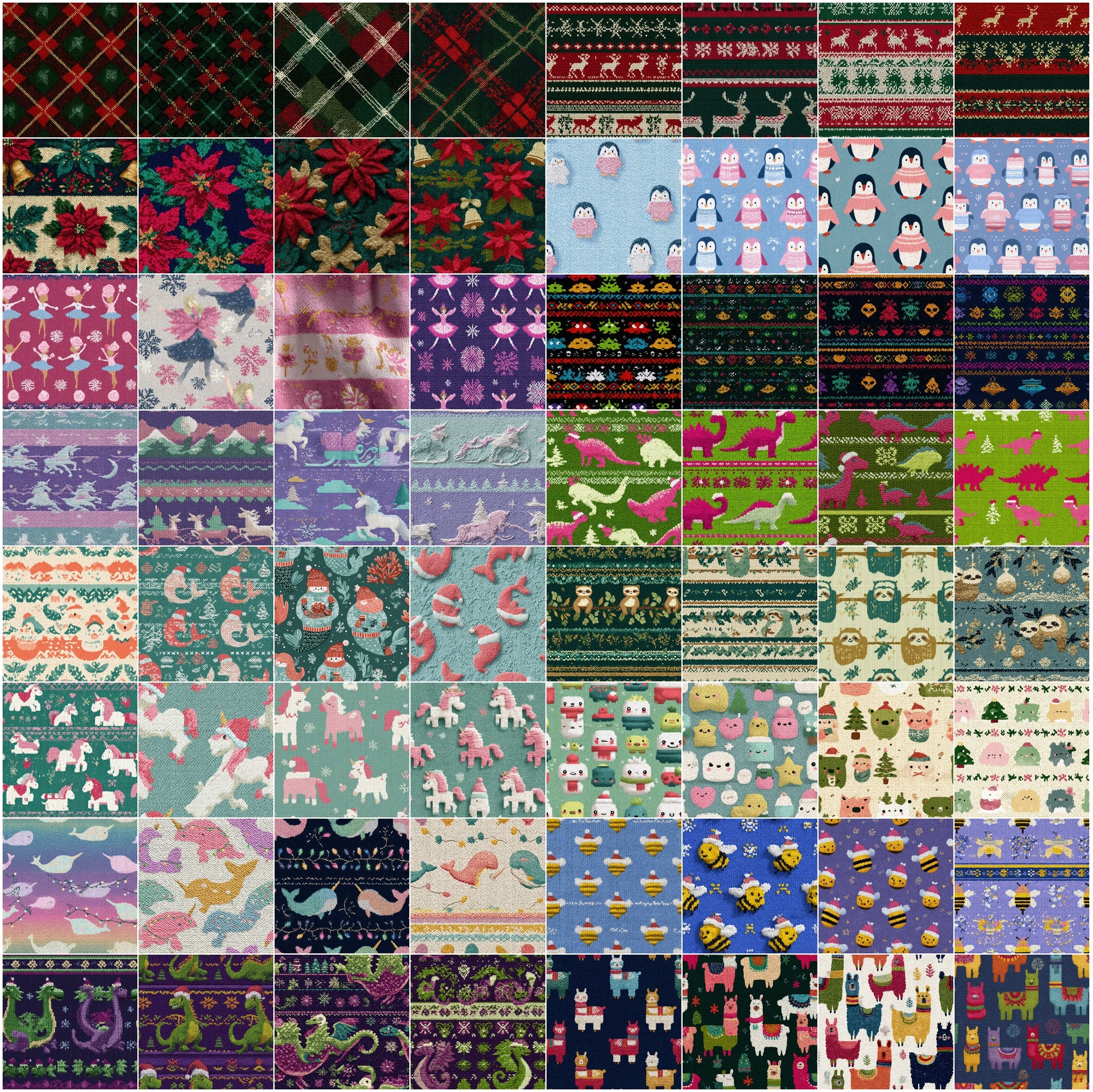 640 Seamless Christmas Knit Patterns, JPG + PAT, Holiday Sweater Textures with Commercial License