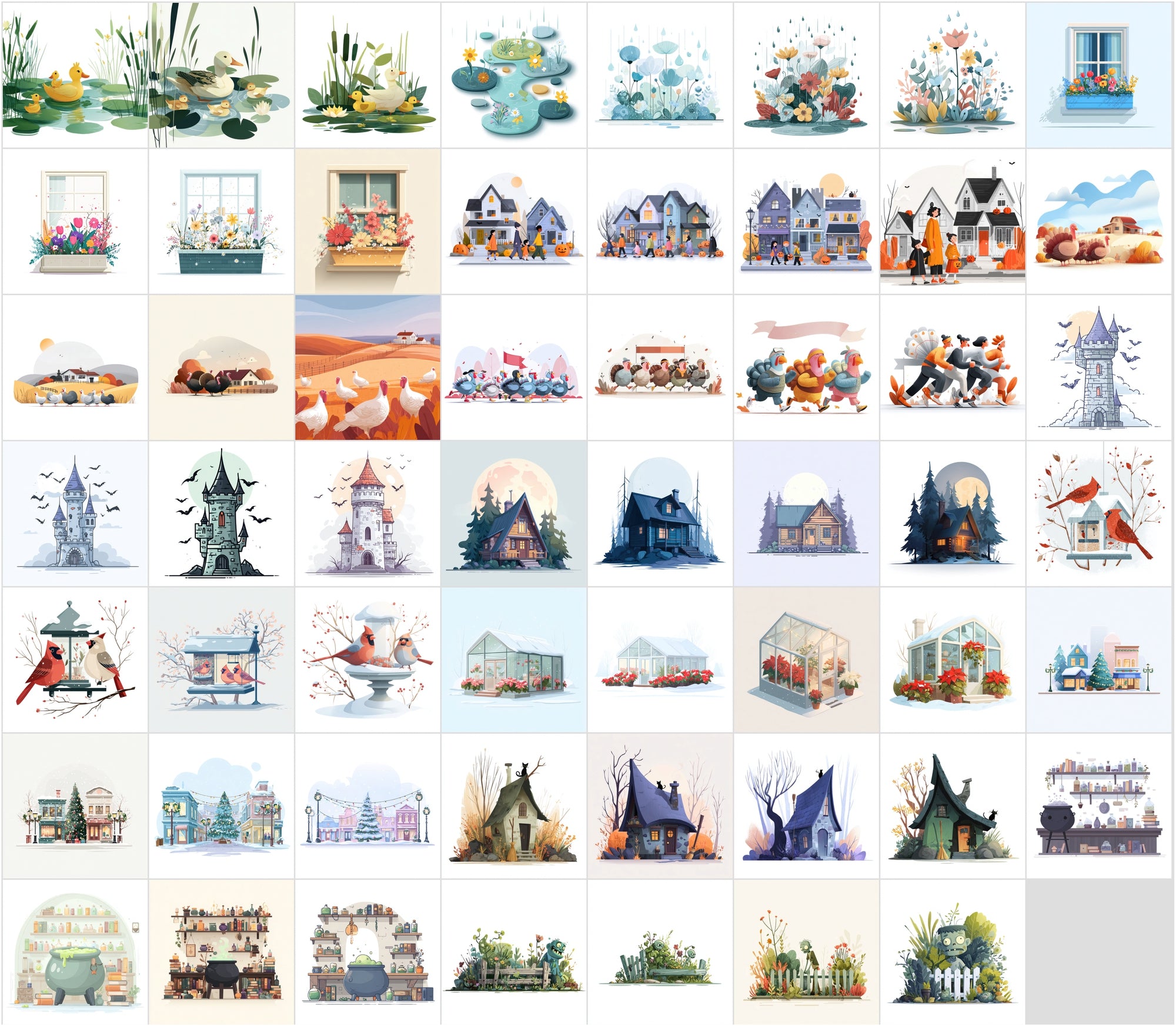 630 Minimalistic Cartoon Illustrations | Holiday & Seasonal Scenes