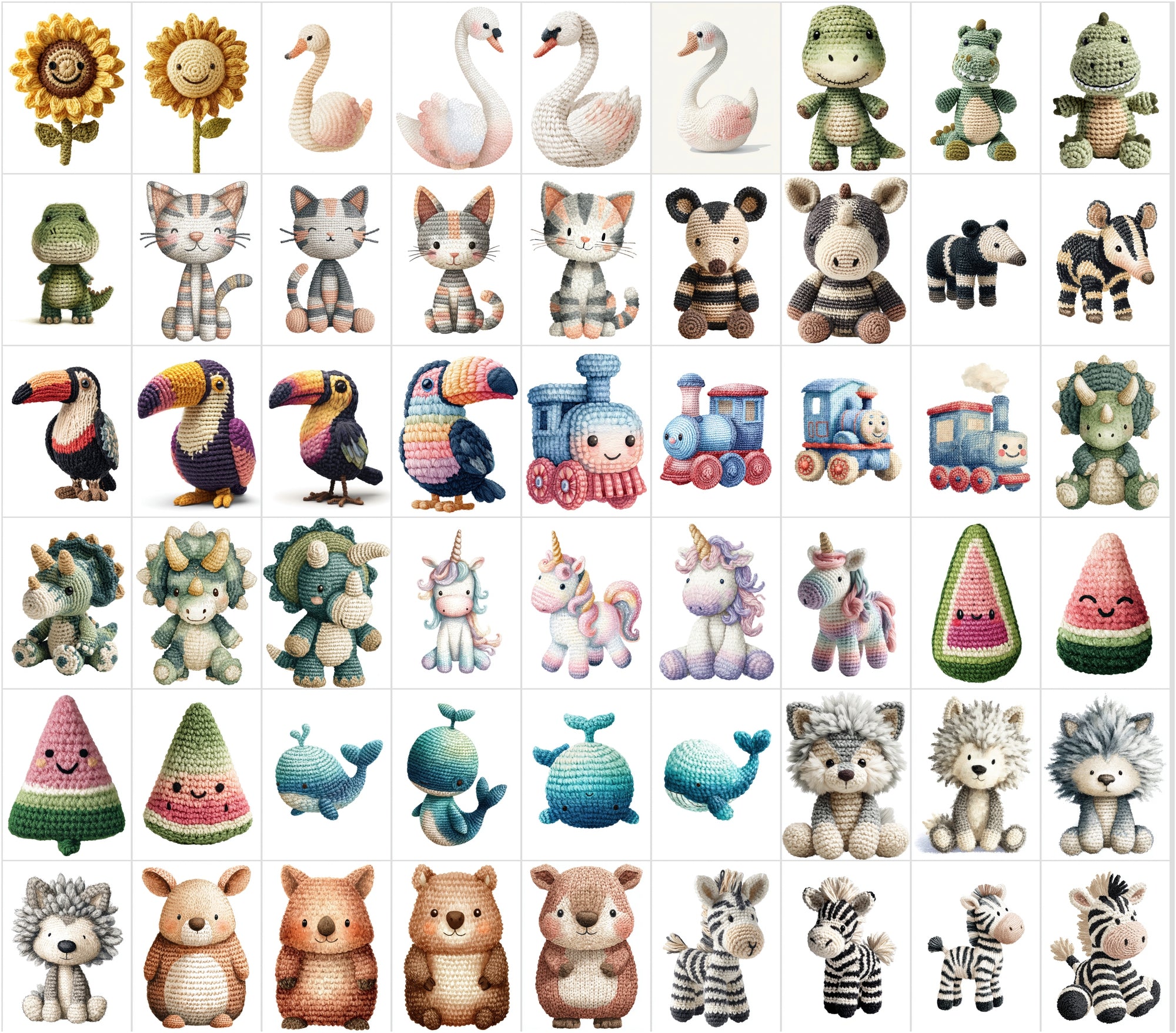 620 Crochet Animal Watercolor Clipart Bundle, Cute Nursery JPG Collection, Woodland Farm Ocean Fantasy Baby Shower Art