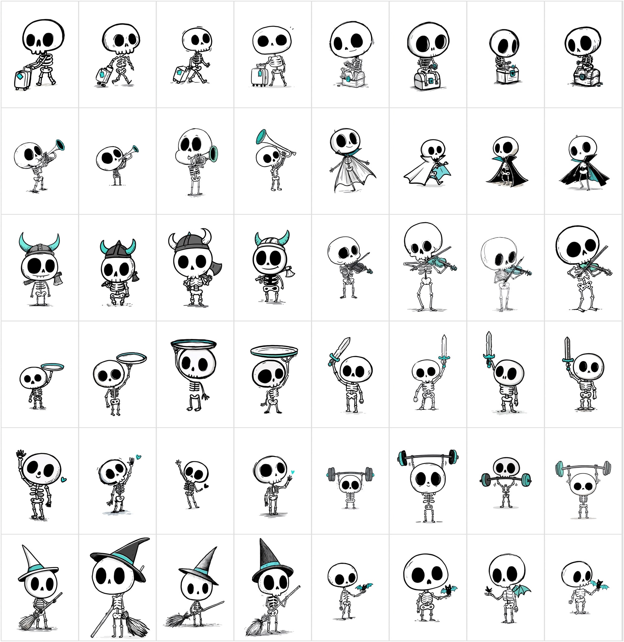 600 Cute Skeleton Doodle Clipart Bundle | Hand Drawn Stickman Skull Illustrations