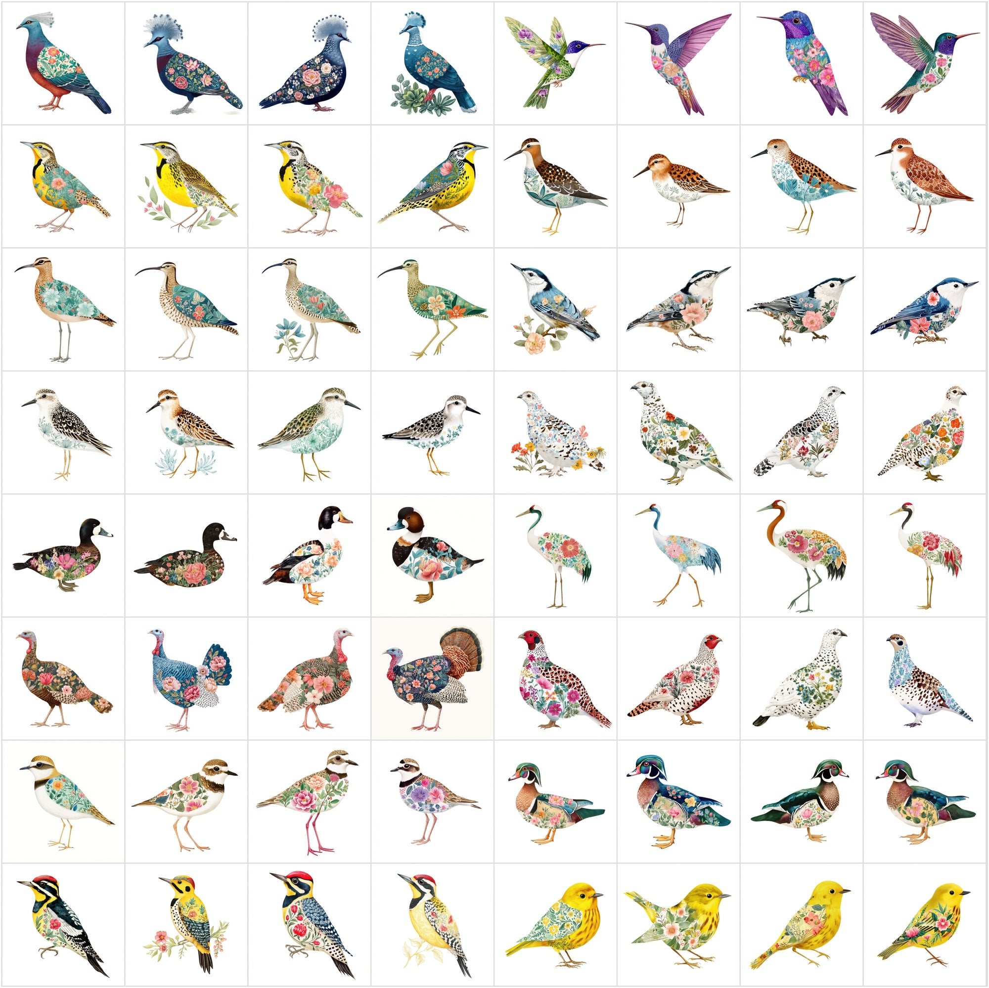 640 Watercolor Birds with Floral Patterns